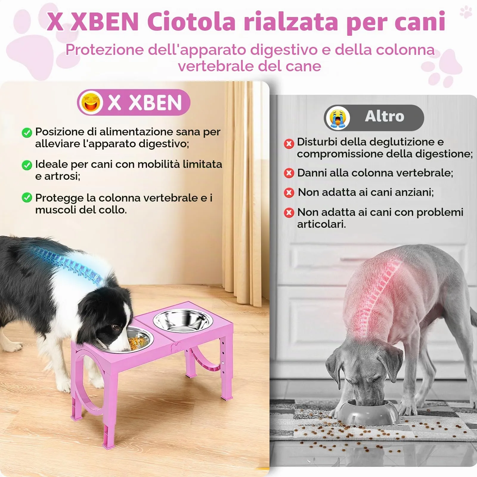 X XBEN Ciotole Rialzate per Cani con 5 Altezze Regolabili, 2 Ciotole in Acciaio Inox da 1200 ml, Pieghevole e Antiscivolo - immagine 6