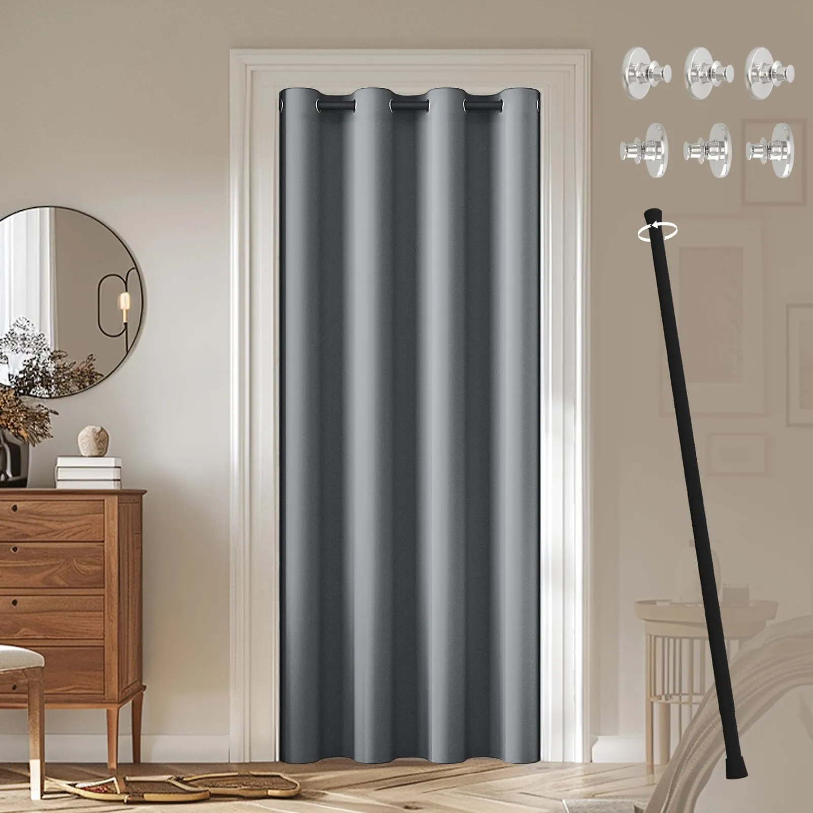JCyh Tenda per Porta con Bastone Estensibile, Termica e Oscurante, 132x200cm, Grigio - immagine 1