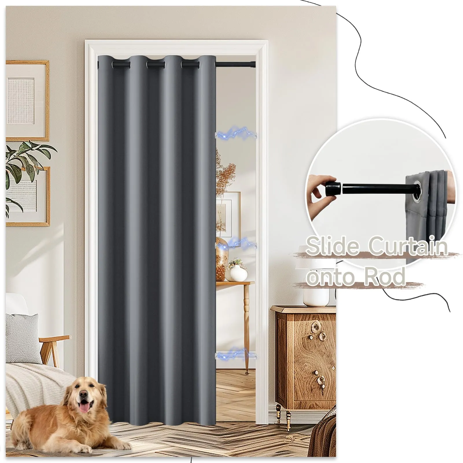 JCyh Tenda per Porta con Bastone Estensibile, Termica e Oscurante, 132x200cm, Grigio - immagine 5