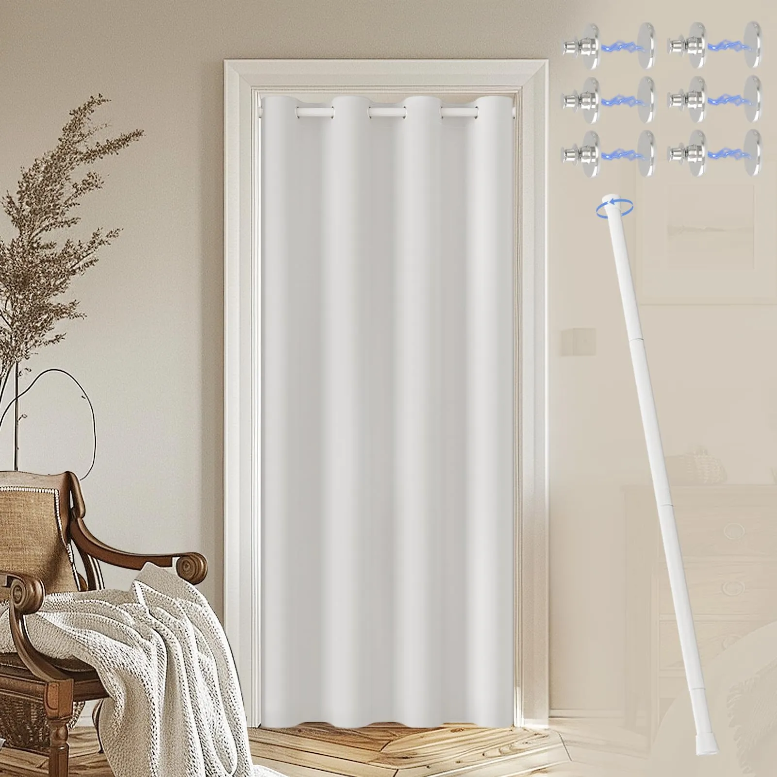 JCyh Tenda Oscurante per Porta con Asta Telescopica, Termica e Isolante, 132x195cm, Bianco - immagine 1