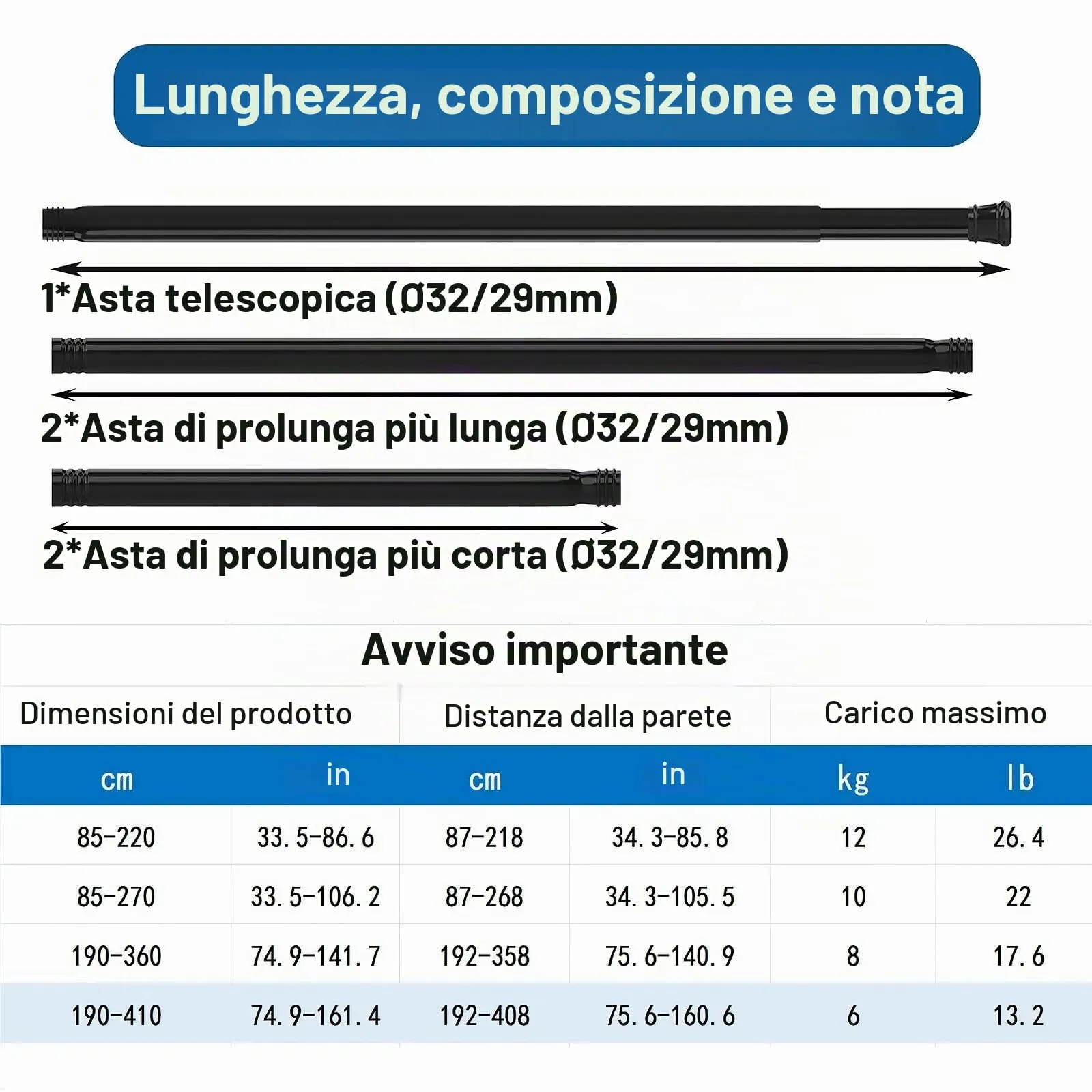Aiitomg Asta per Tenda da Doccia Telescopica, 190-410 cm, Diametro 32 mm, Bianco - immagine 3