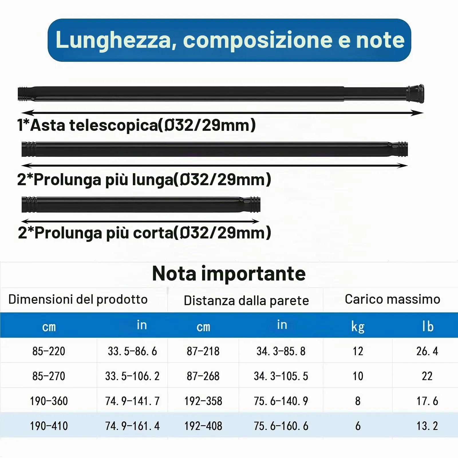 Aiitomg Asta per Tenda da Doccia Telescopica, 190-410 cm, Diametro 32 mm, Nero - immagine 3