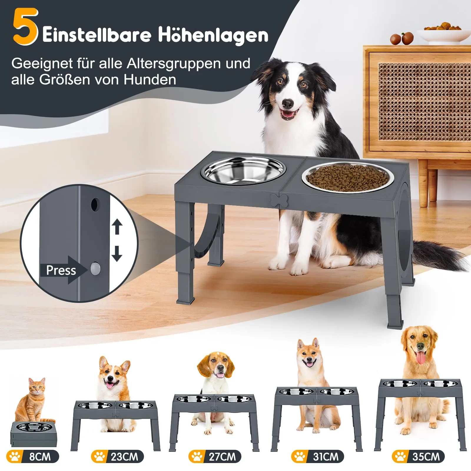 X XBEN Ciotole Rialzate per Cani, 5 Altezze Regolabili, 2 Ciotole in Acciaio Inox da 1200 ML, Pieghevole e Antiscivolo - immagine 2