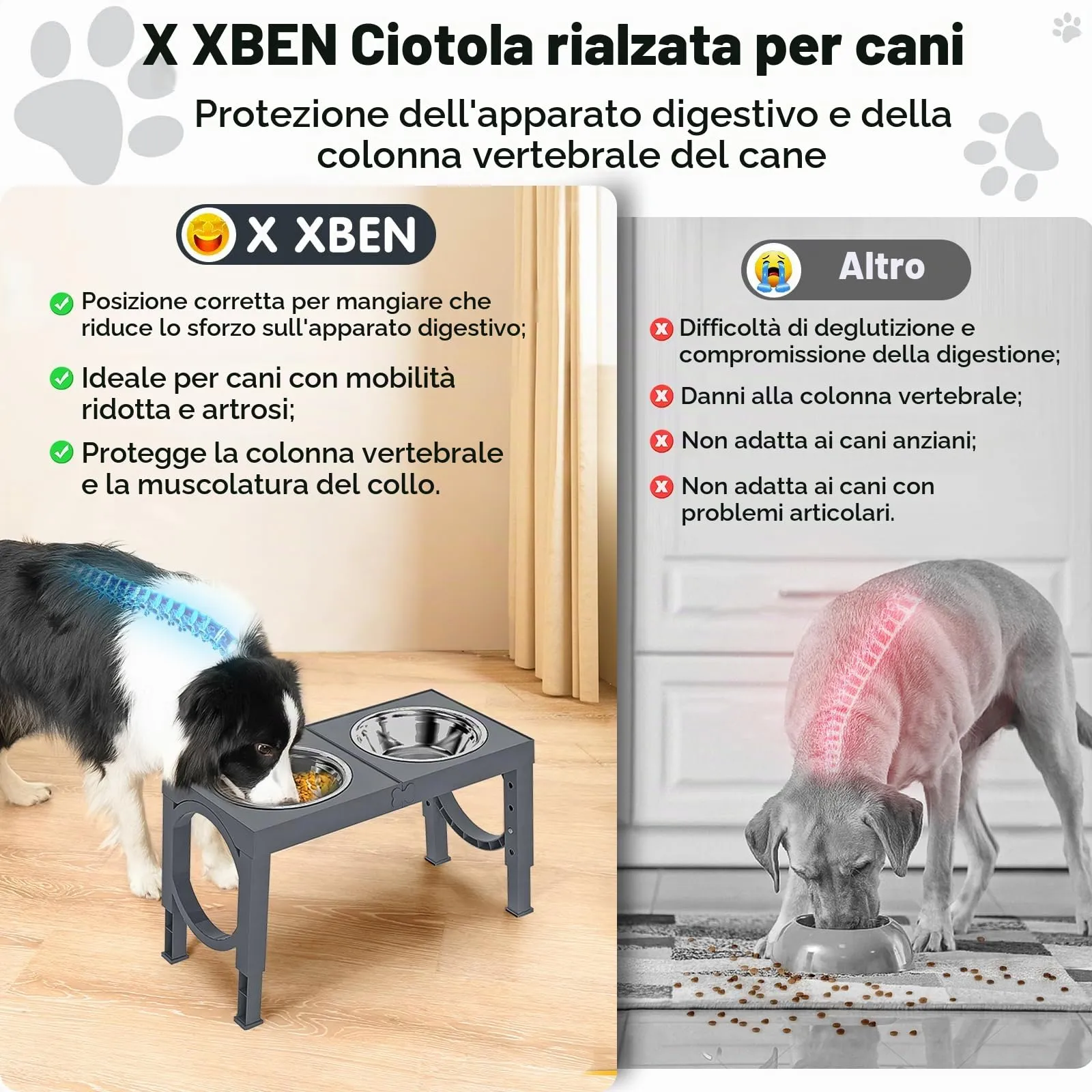 X XBEN Ciotole Rialzate per Cani, 5 Altezze Regolabili, 2 Ciotole in Acciaio Inox da 1200 ML, Pieghevole e Antiscivolo - immagine 7