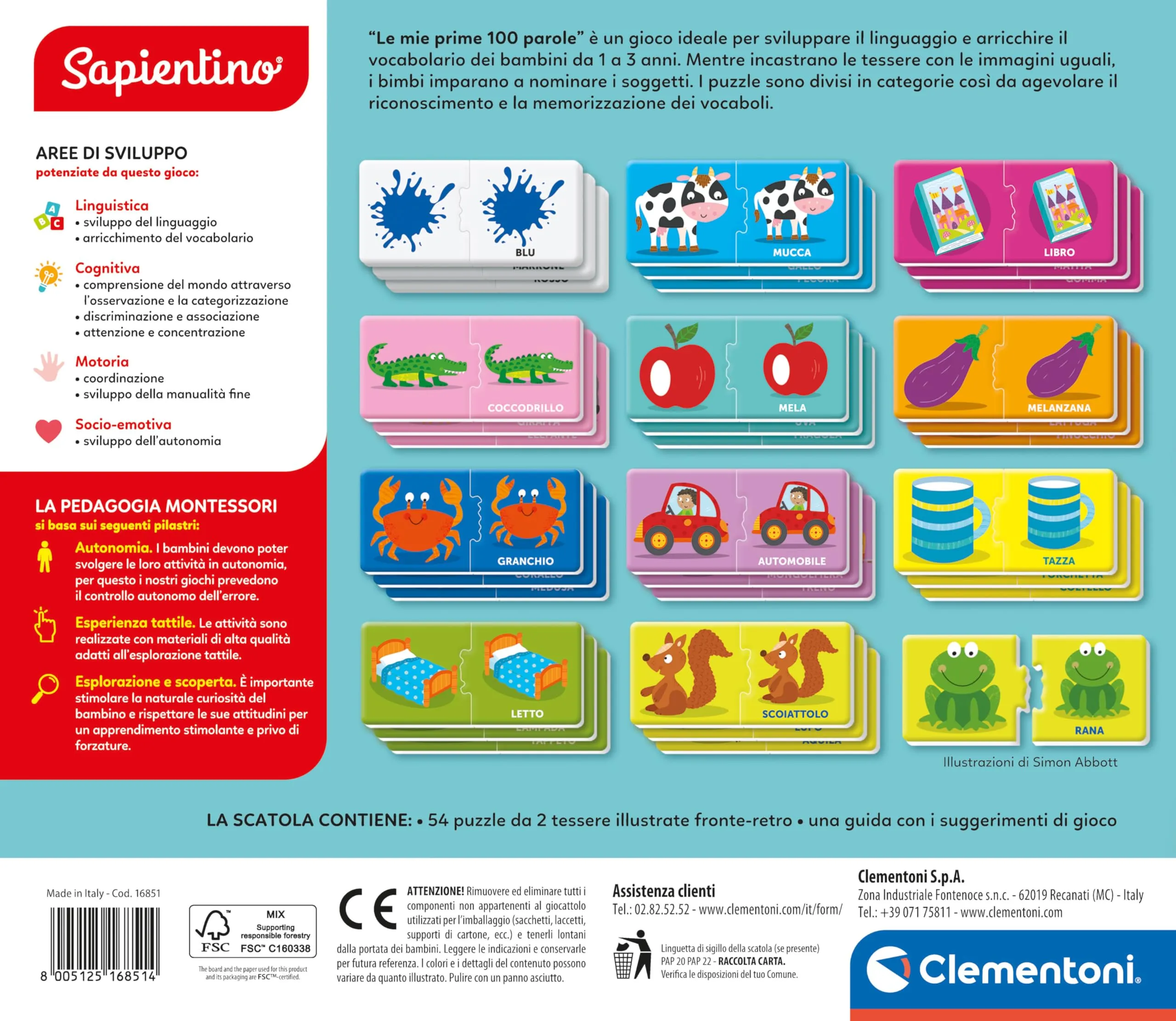 Clementoni Sapientino Montessori Le Mie Prime 100 Parole, Gioco Educativo per Bambini 1-3 Anni, 54 Puzzle a Incastro, 16851 - immagine 3