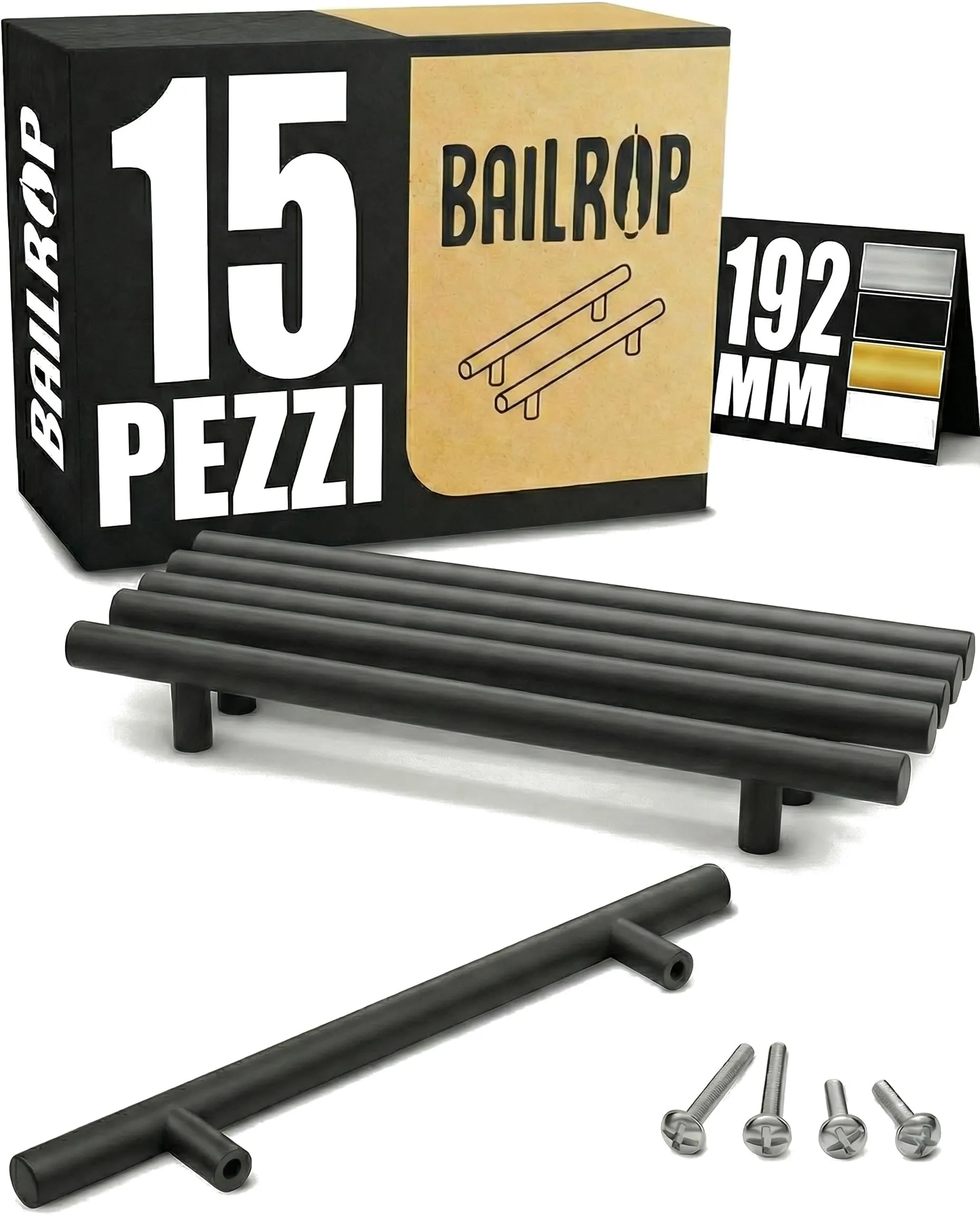 BAILROP Maniglie per cucina in acciaio inox, nere, 192 mm, 15 unità - immagine 1