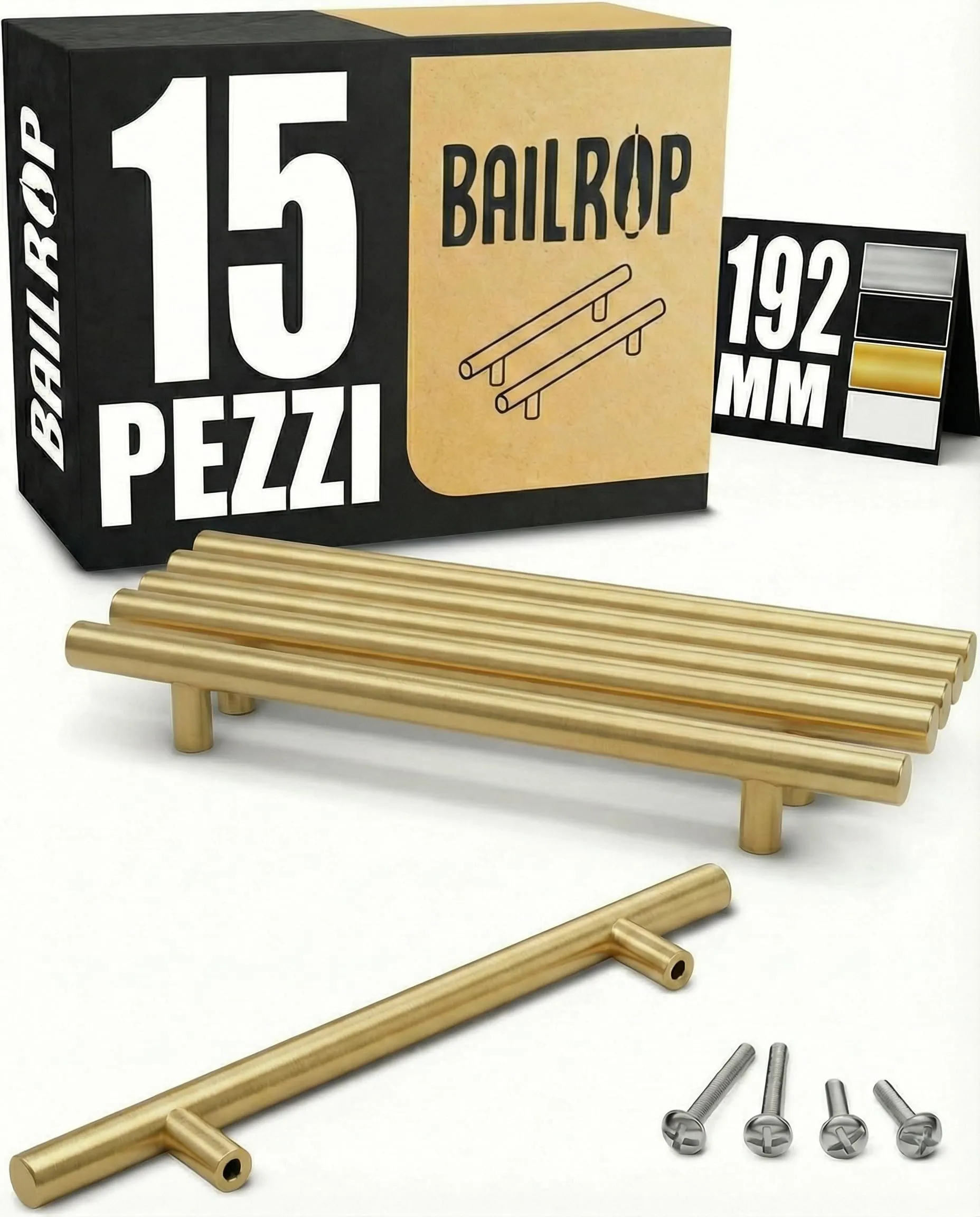 BAILROP Maniglie per Mobili da Cucina in Acciaio Inox Oro 192mm - Set da 15 Pezzi - immagine 1