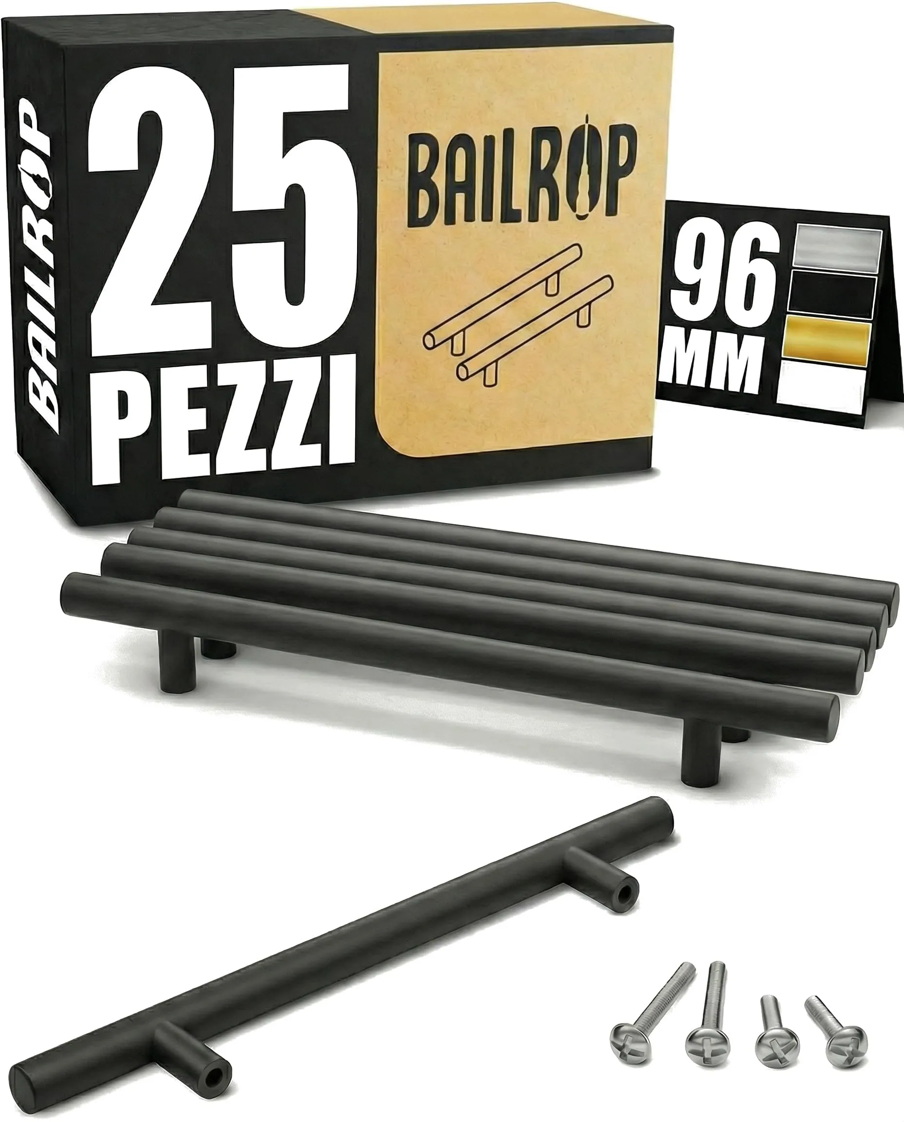 BAILROP Maniglie per Mobili da Cucina in Acciaio Inox, Nero Opaco, 96mm, 25 Pezzi - immagine 1