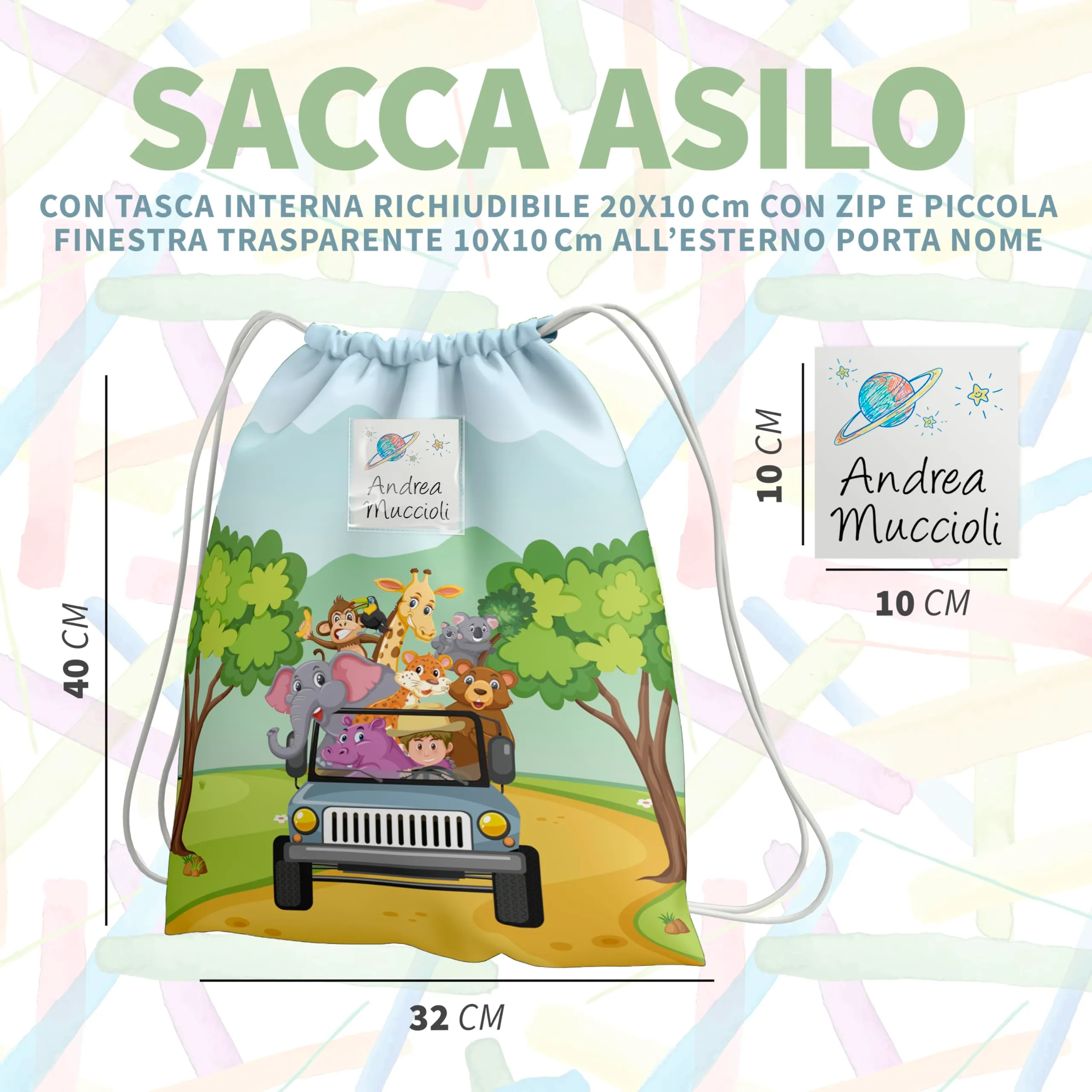 KAÏDENSÏ Sacca Asilo Personalizzata Giungla, Zainetto Asilo Nido 32x40 cm con Tasca Interna - immagine 3