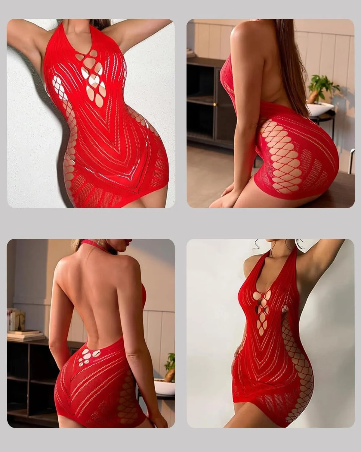 OXDOHUE Lingerie a Rete da Donna, Body Elasticizzato Scollo Rotondo, Rosso - immagine 5