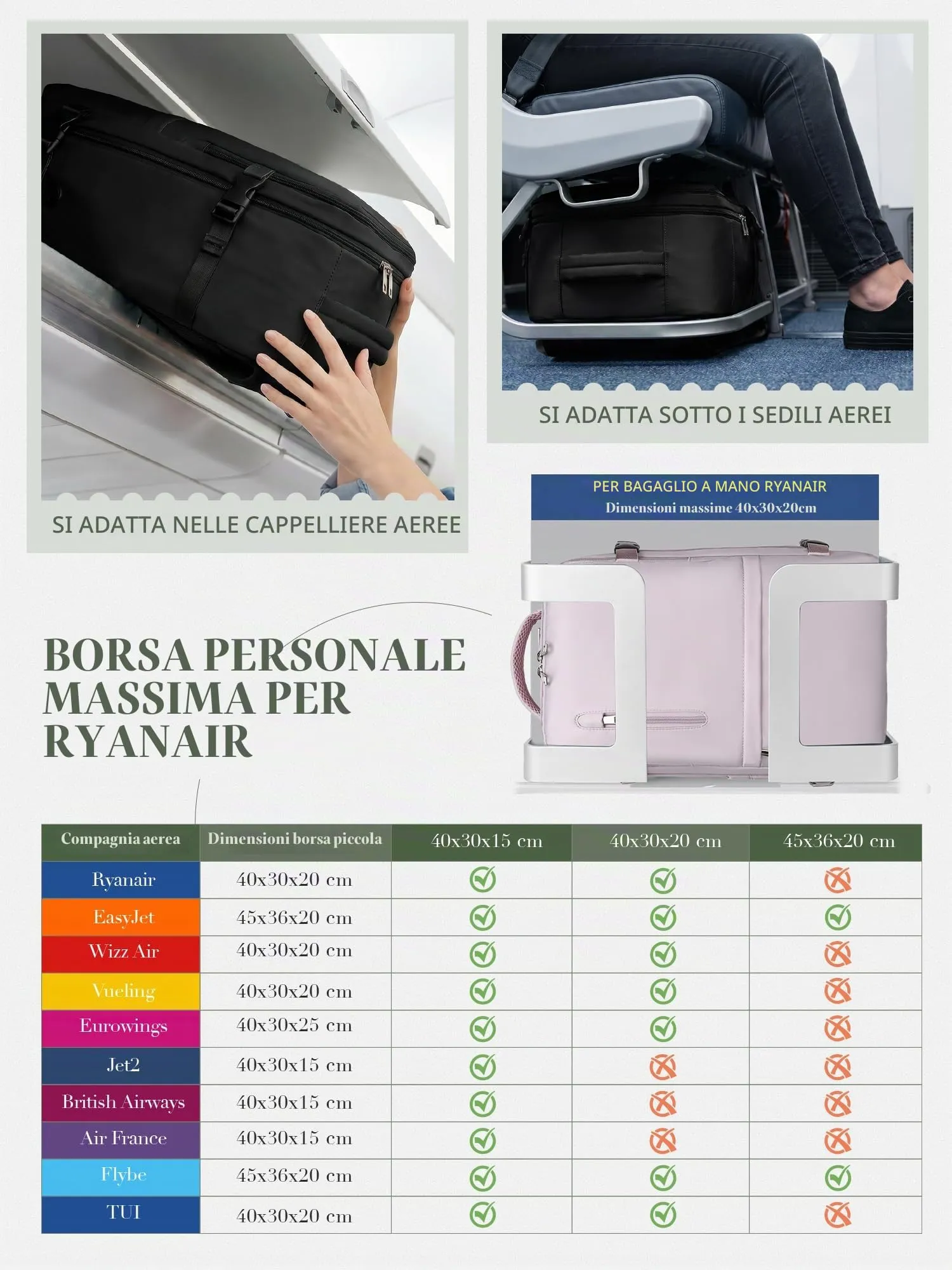 Hayayu Zaino Bagaglio a Mano 40x30x20 cm per Ryanair 24L - immagine 2