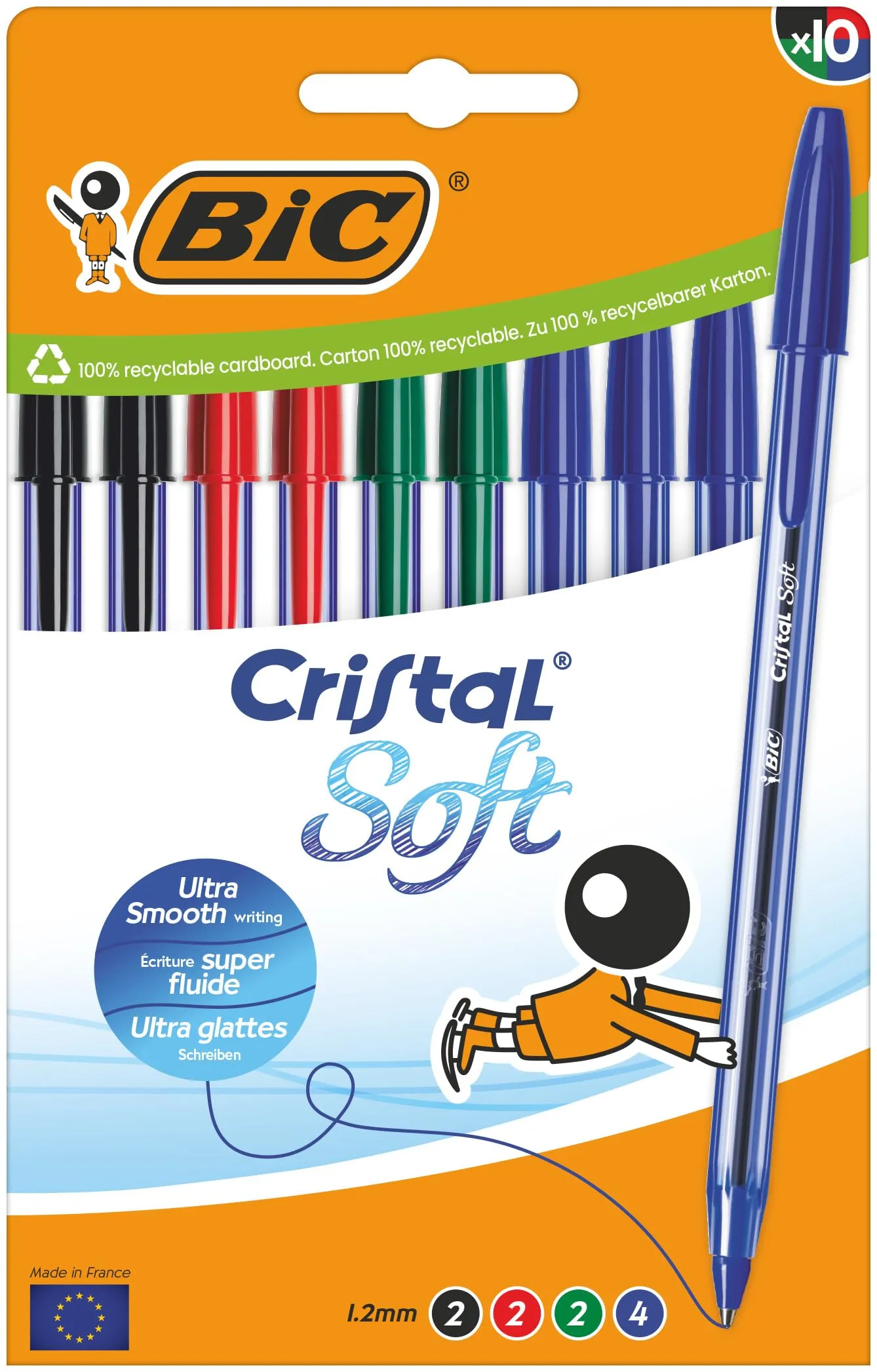 BIC Cristal Soft Penne a Sfera, Punta Media 1,2 mm, Inchiostro Softline, Colori Assortiti, Confezione da 10 - immagine 1