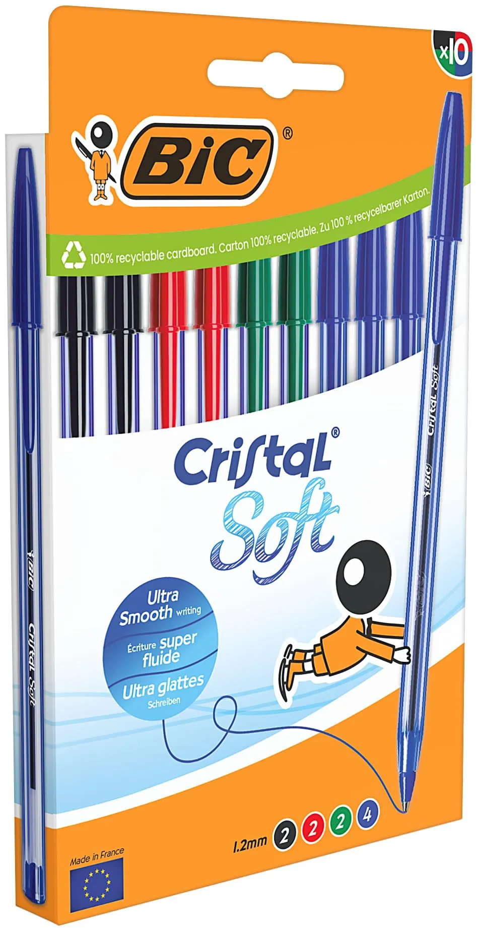 BIC Cristal Soft Penne a Sfera, Punta Media 1,2 mm, Inchiostro Softline, Colori Assortiti, Confezione da 10 - immagine 2