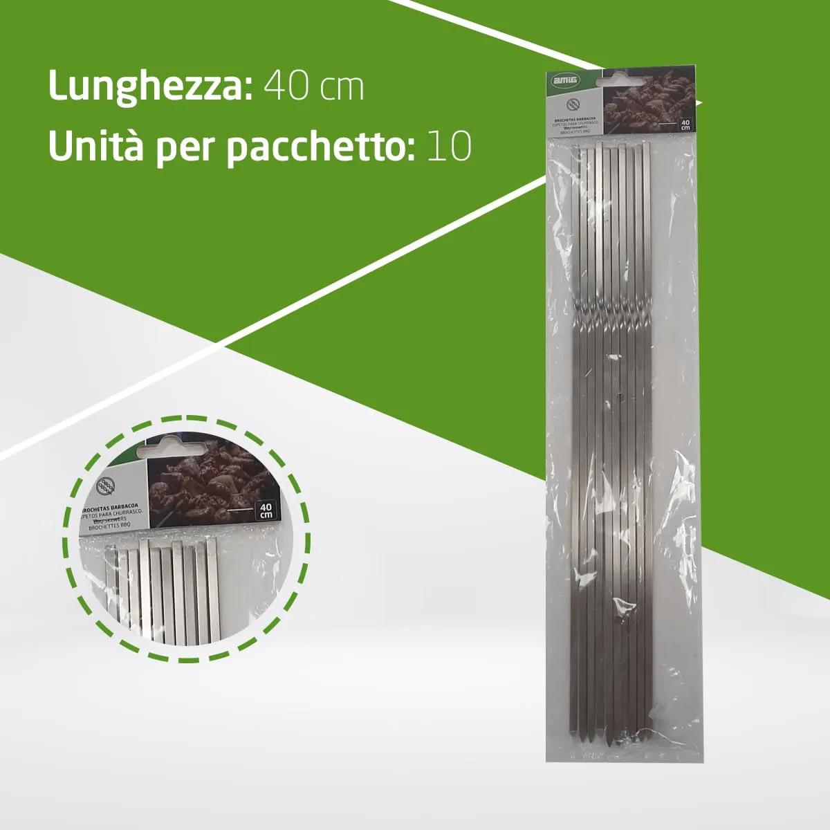Amig Spiedini per Barbecue in Acciaio Inox, 10 Pezzi, 40 cm - immagine 6