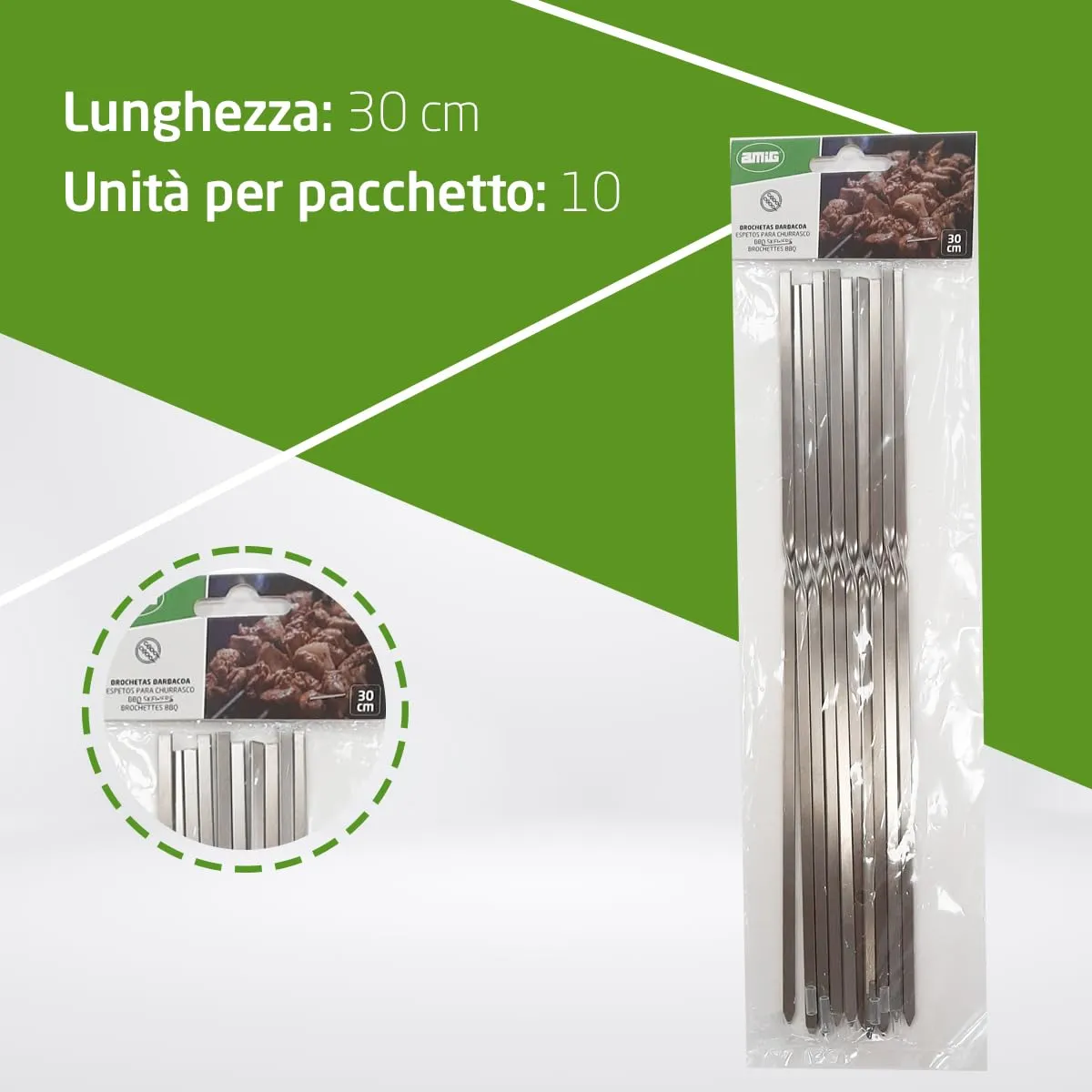 Amig Spiedini in Acciaio Inox per Barbecue, 10 Pezzi, 30 cm - immagine 6
