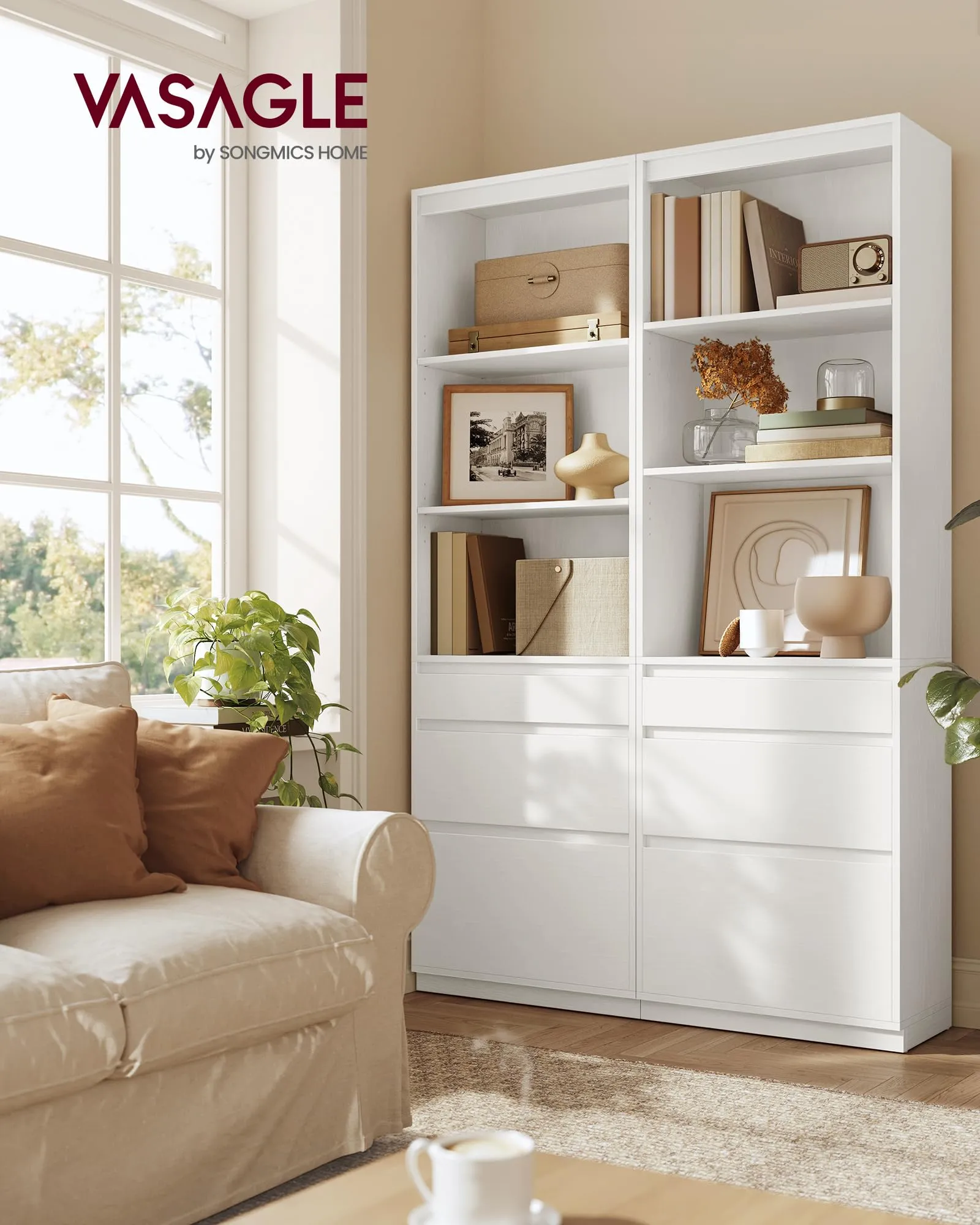 VASAGLE Libreria Mobile Alto con 3 Cassetti e Ripiani Regolabili, 180 cm, Bianco Neve LBC188W01 - immagine 2