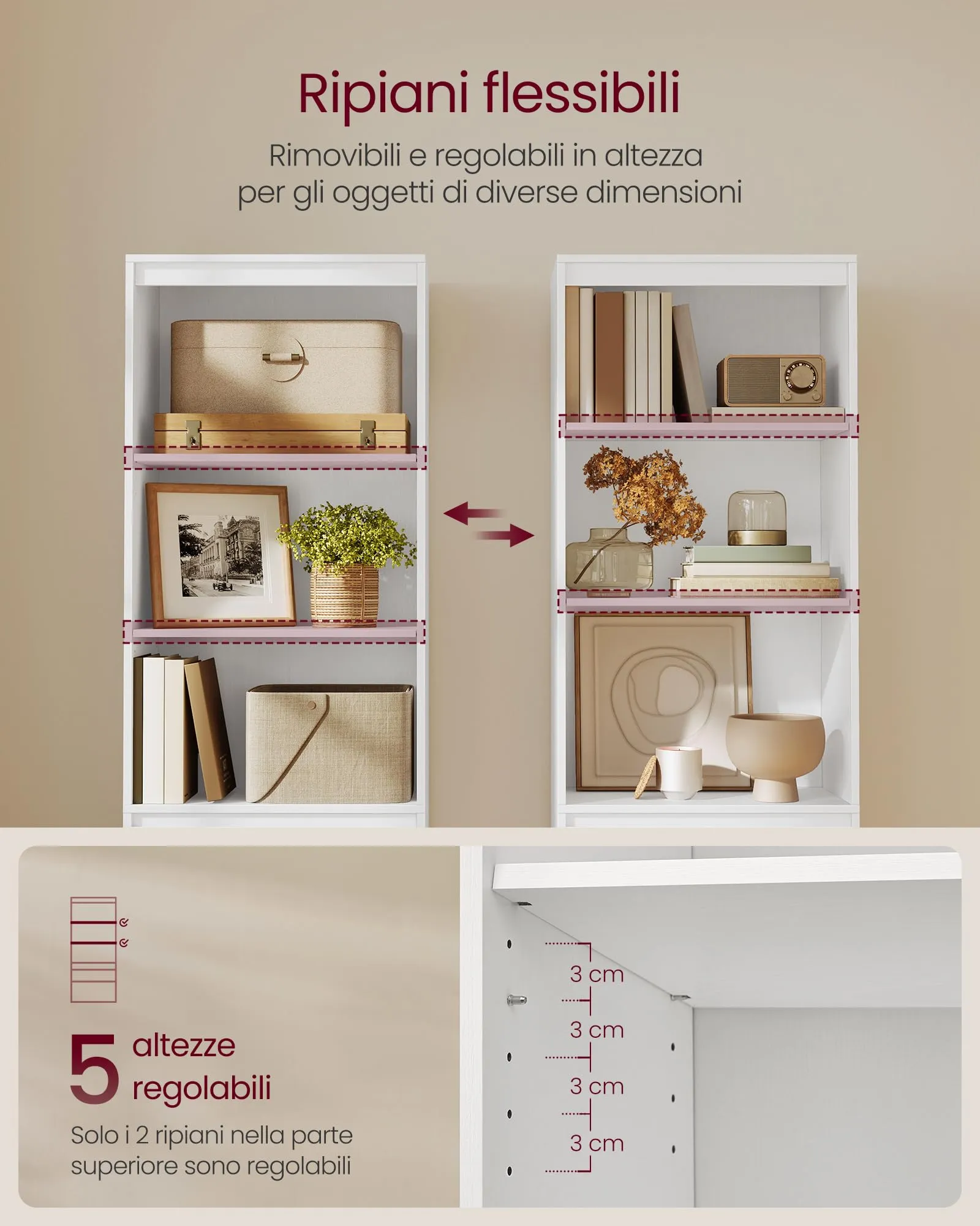 VASAGLE Libreria Mobile Alto con 3 Cassetti e Ripiani Regolabili, 180 cm, Bianco Neve LBC188W01 - immagine 3