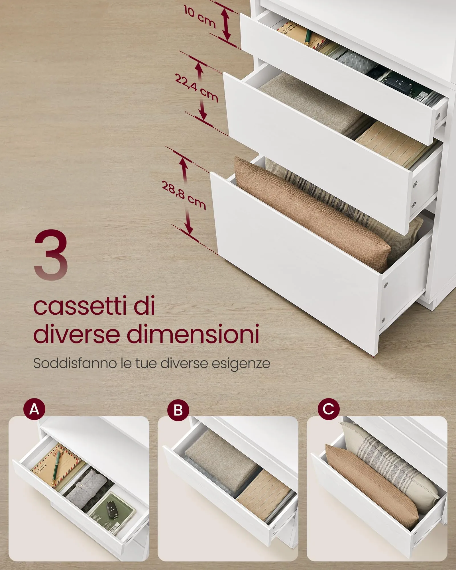VASAGLE Libreria Mobile Alto con 3 Cassetti e Ripiani Regolabili, 180 cm, Bianco Neve LBC188W01 - immagine 4