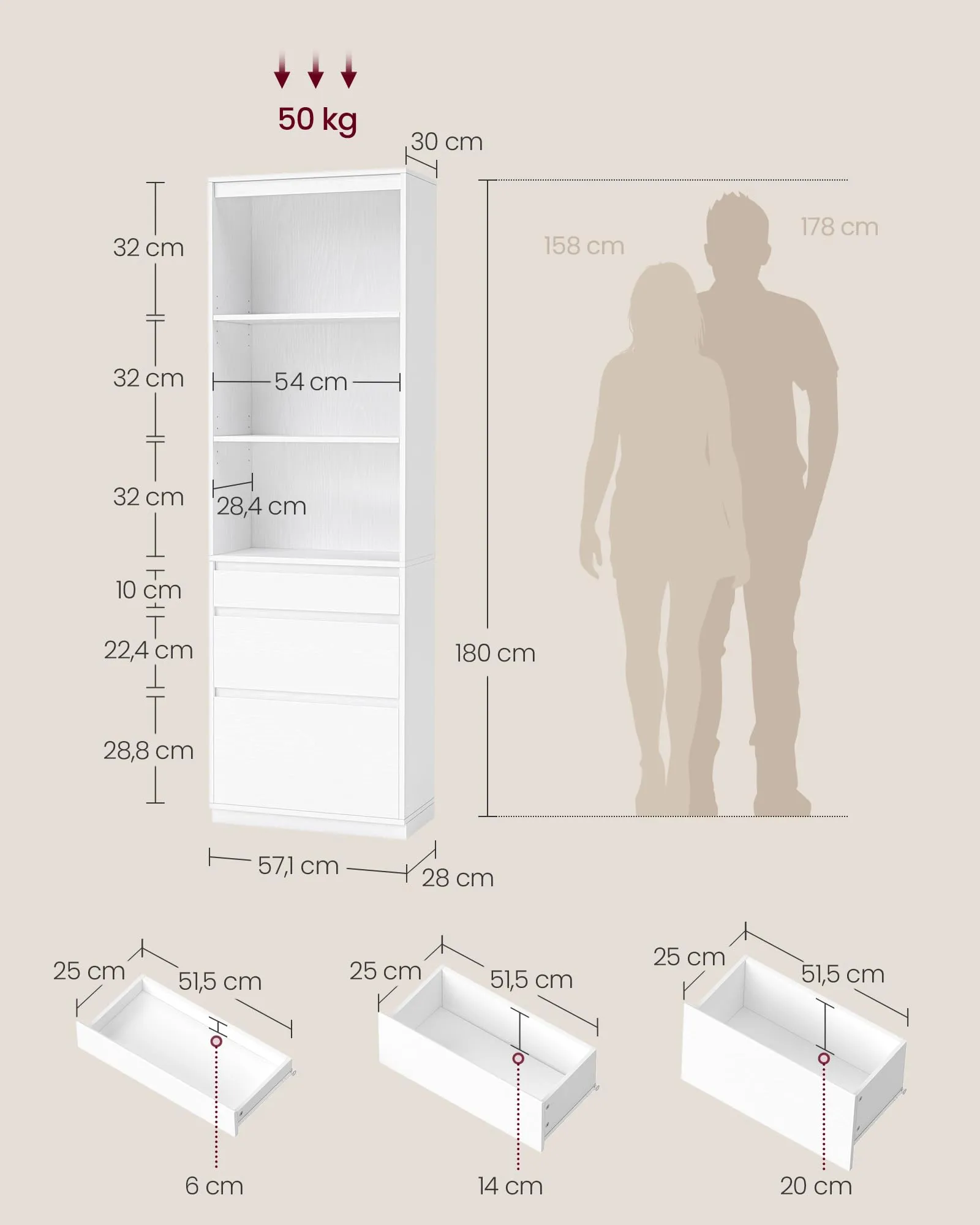 VASAGLE Libreria Mobile Alto con 3 Cassetti e Ripiani Regolabili, 180 cm, Bianco Neve LBC188W01 - immagine 5