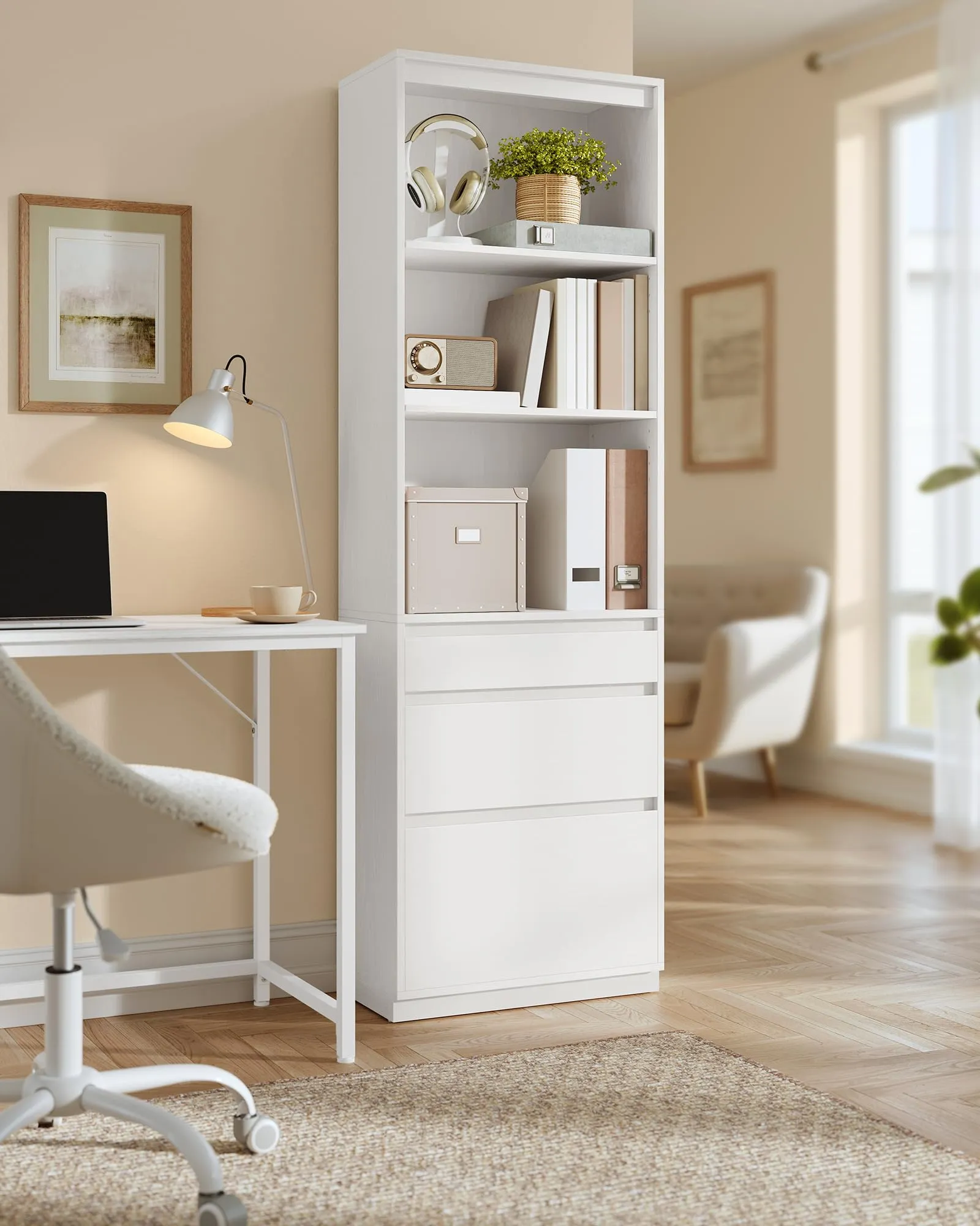 VASAGLE Libreria Mobile Alto con 3 Cassetti e Ripiani Regolabili, 180 cm, Bianco Neve LBC188W01 - immagine 6