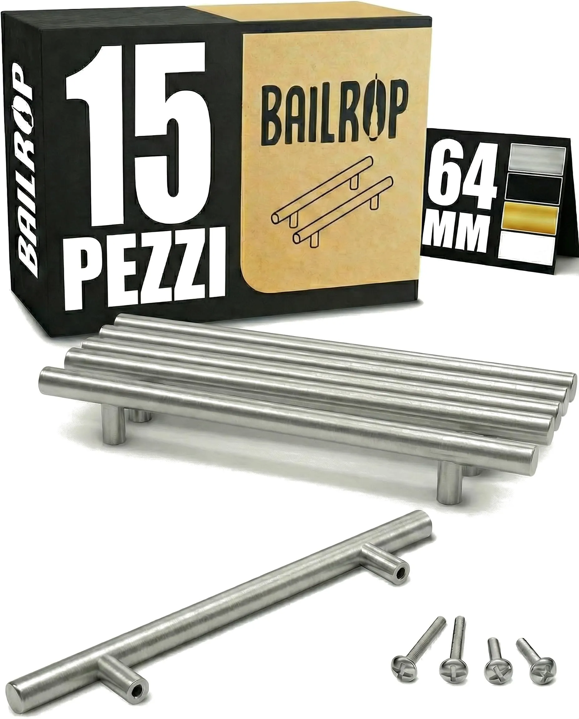 BAILROP Maniglie per Mobili da Cucina in Acciaio Inox, Argento, 64mm, 15 Pezzi - immagine 1
