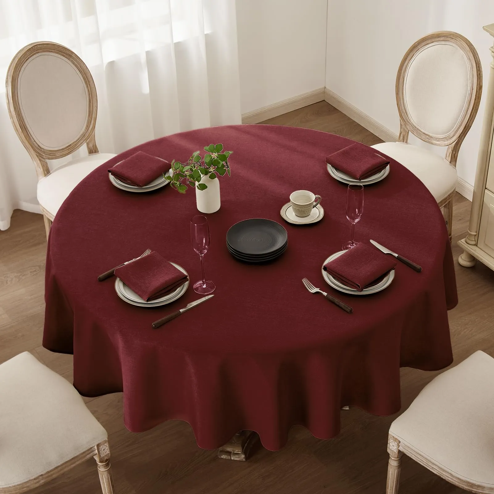 Softalker Tovaglia Rotonda in Finto Lino 200 cm, Rossa, Antimacchia e Impermeabile - immagine 2
