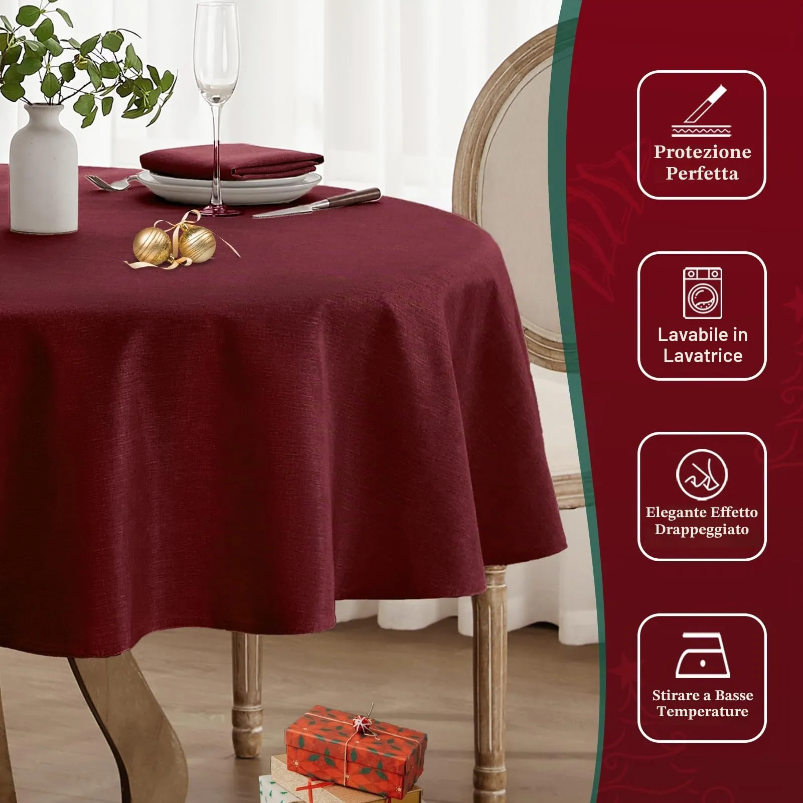 Softalker Tovaglia Rotonda in Finto Lino 200 cm, Rossa, Antimacchia e Impermeabile - immagine 6