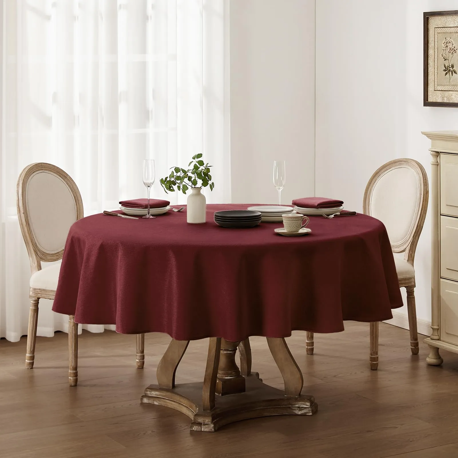 Softalker Tovaglia Rotonda in Finto Lino 200 cm, Rossa, Antimacchia e Impermeabile - immagine 7
