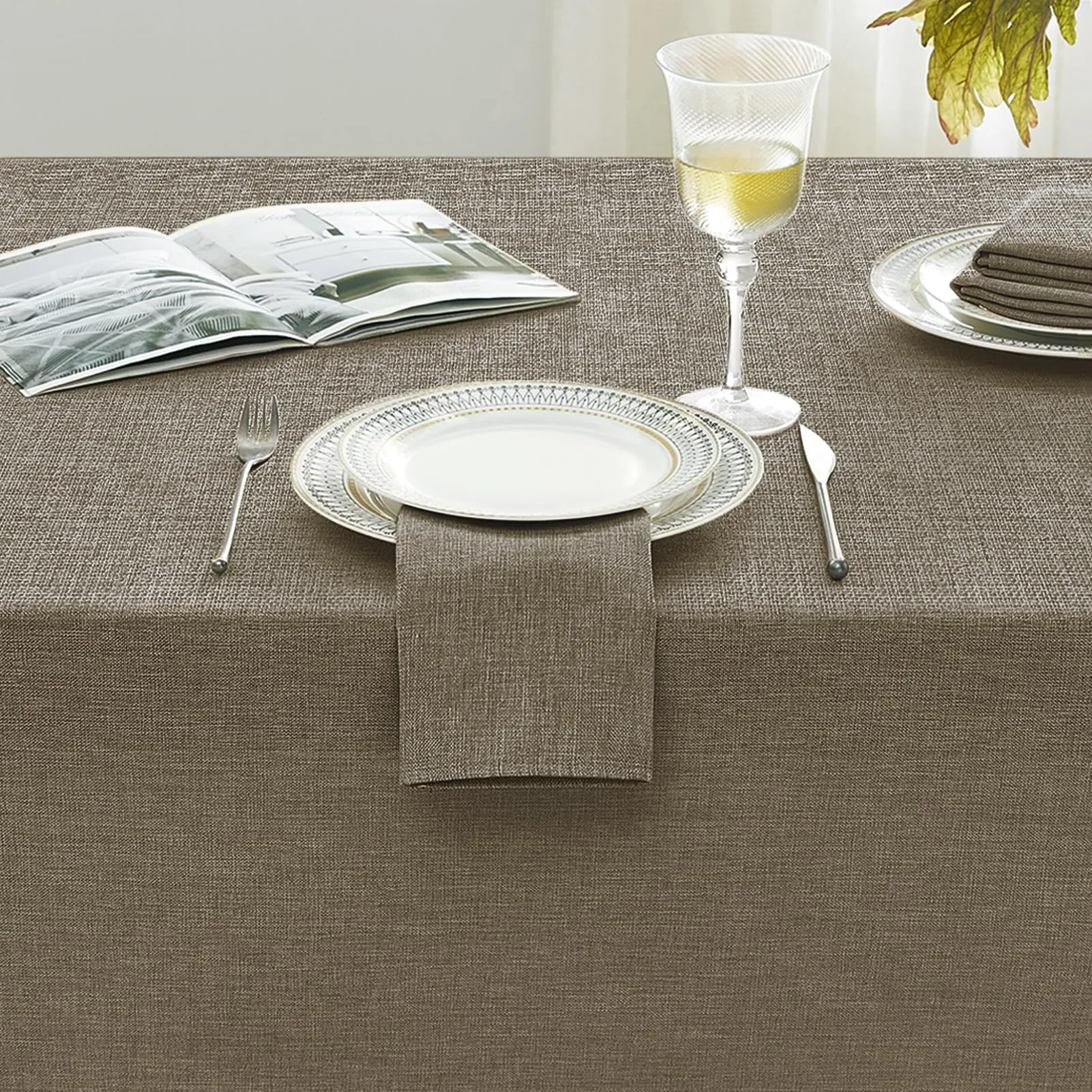 Softalker Tovaglia Rettangolare in Finto Lino, Antimacchia e Idrorepellente, 240 x 140 cm, Marrone - immagine 5