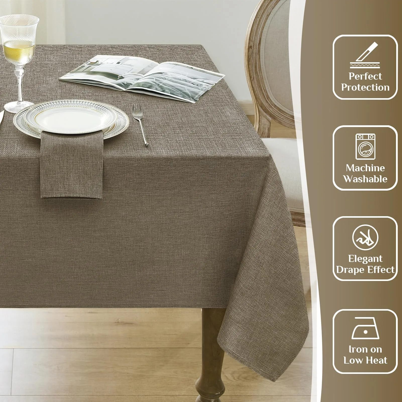 Softalker Tovaglia Rettangolare in Finto Lino, Antimacchia e Idrorepellente, 240 x 140 cm, Marrone - immagine 6