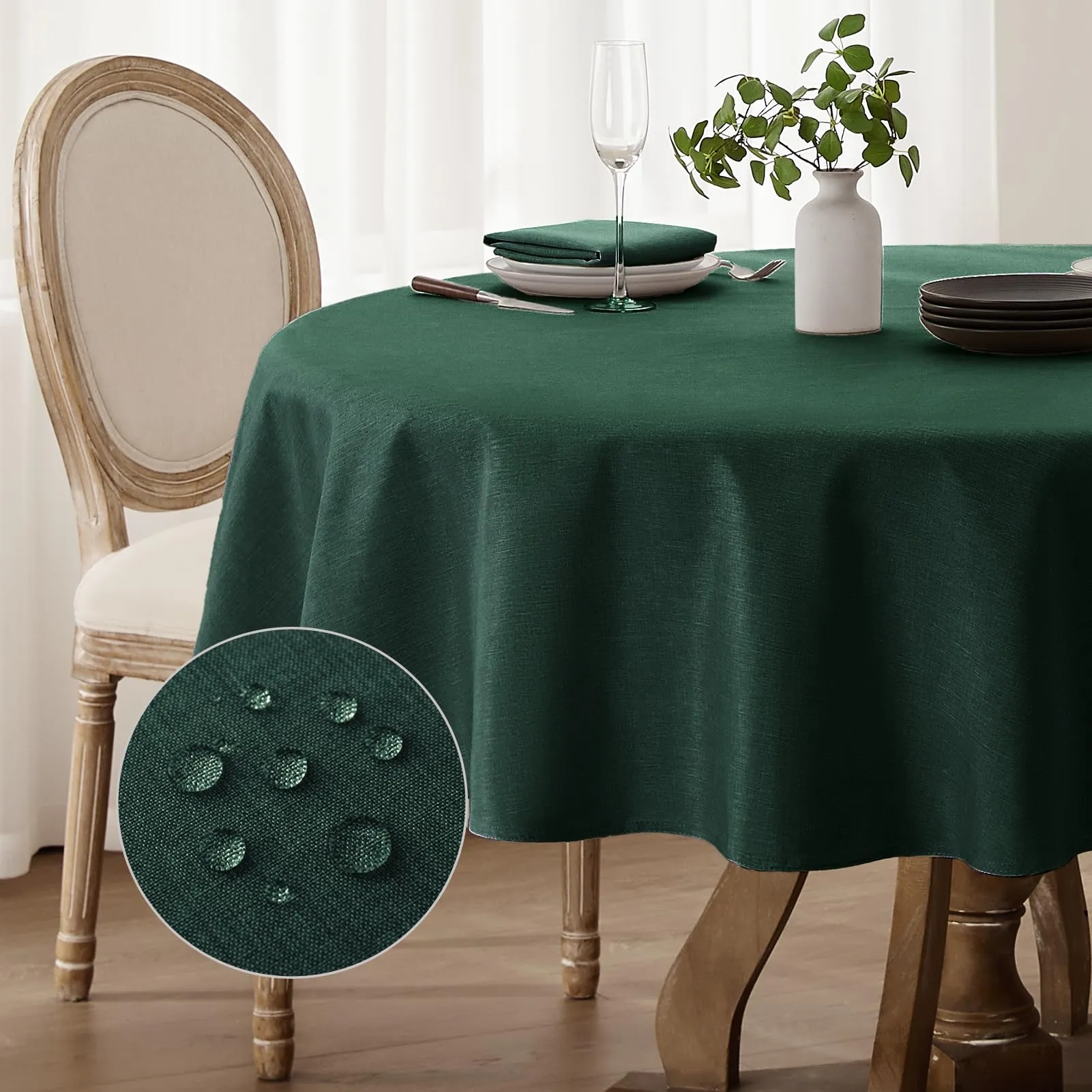 Softalker Tovaglia Rotonda in Finto Lino Verde, 200 cm, Antimacchia - immagine 1