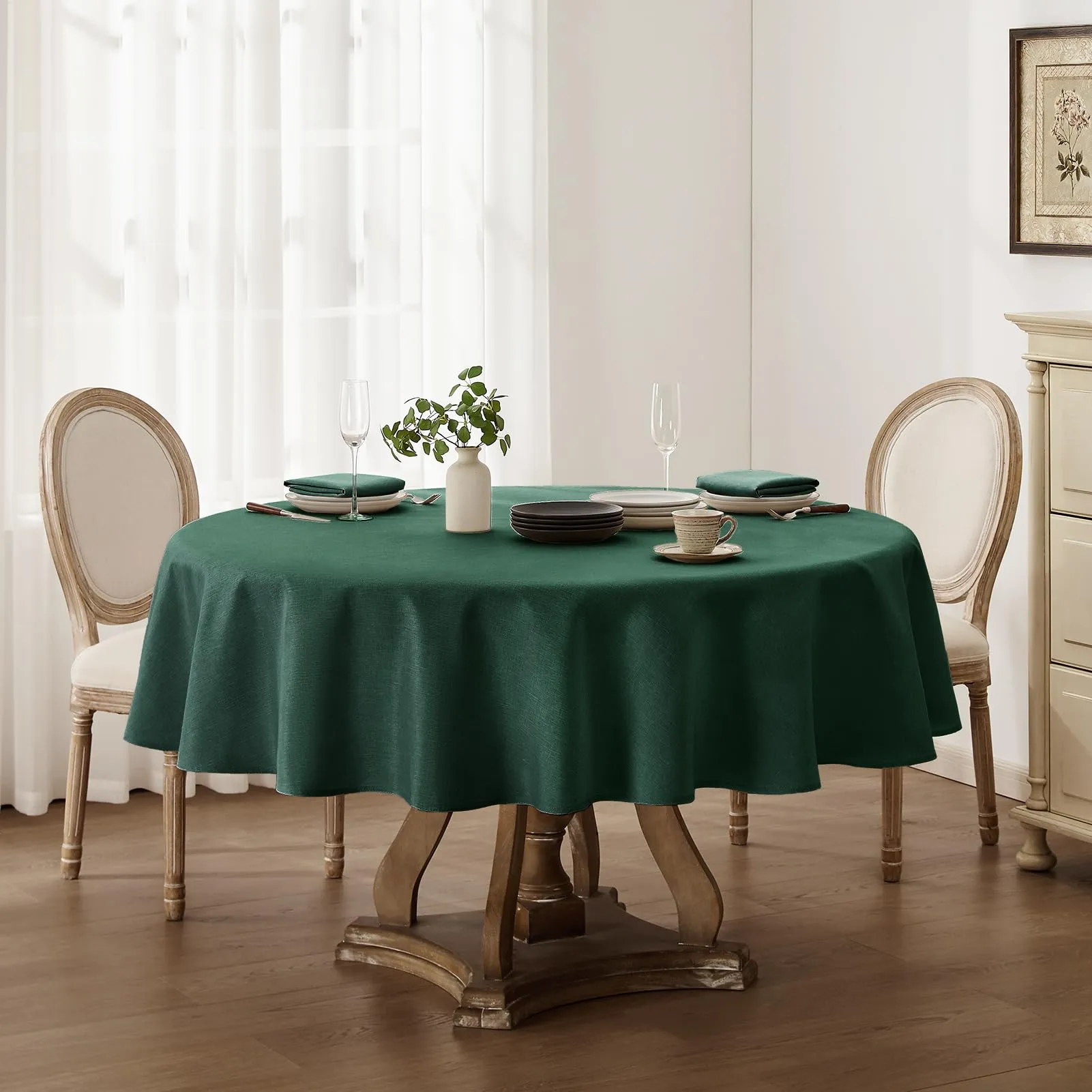 Softalker Tovaglia Rotonda in Finto Lino Verde, 200 cm, Antimacchia - immagine 6