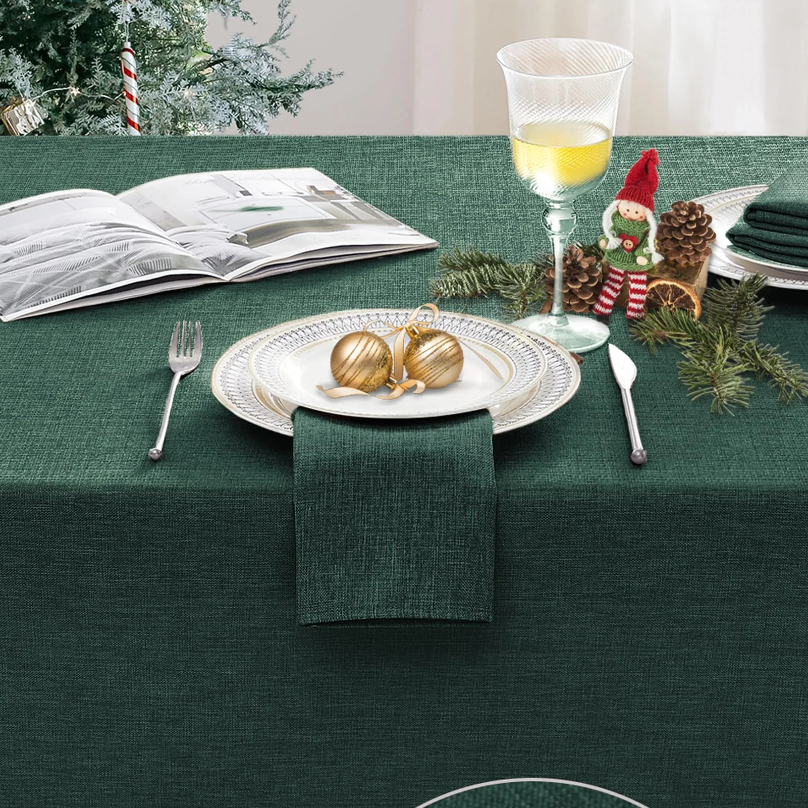 Softalker Tovaglia in Finto Lino Rettangolare Antimacchia e Impermeabile, 240 x 140 cm, Verde - immagine 2