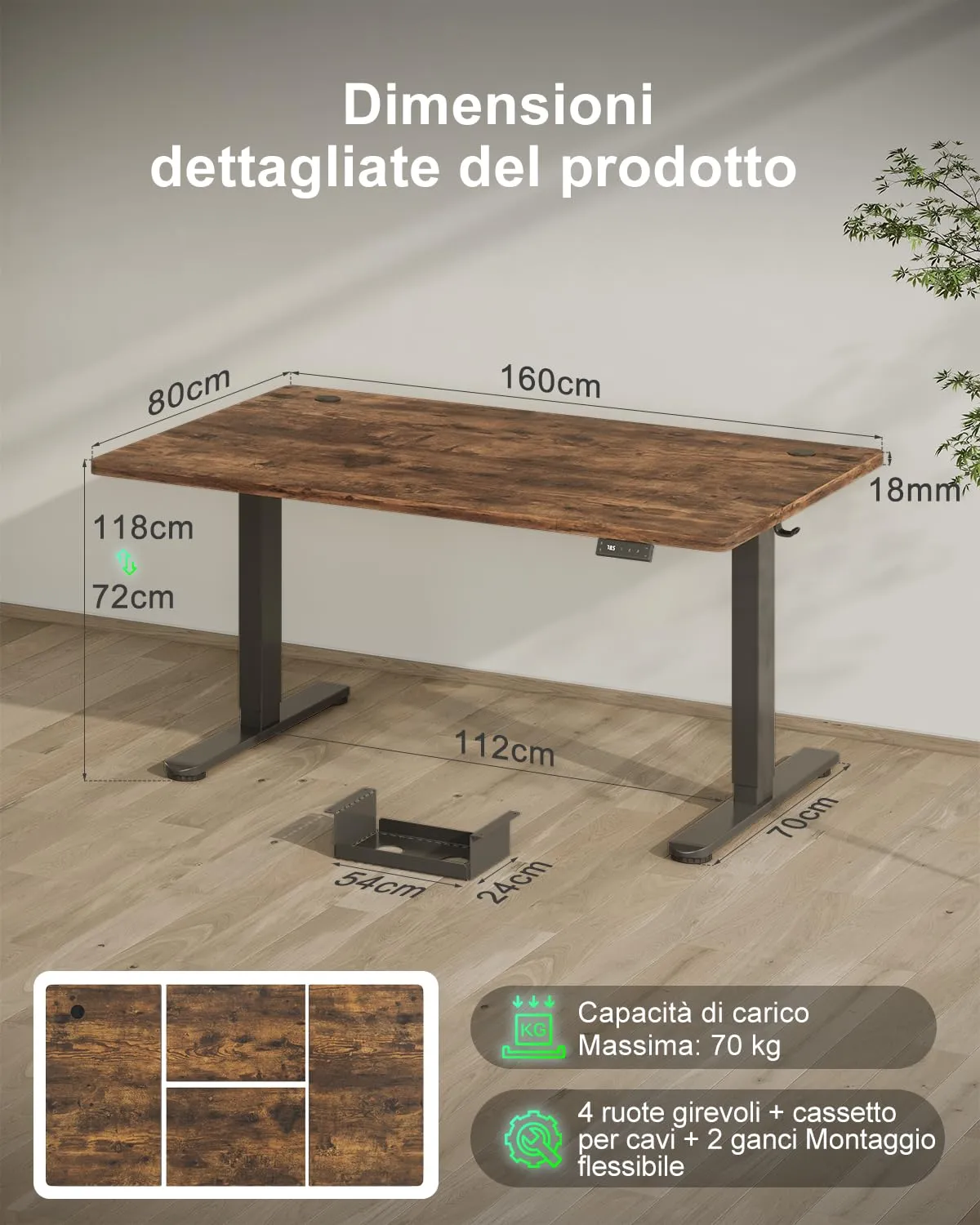 Devoko Scrivania Regolabile in Altezza 160x80 cm Marrone con Ruote - immagine 2