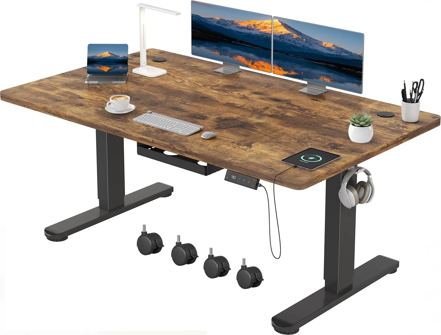 Devoko Scrivania Regolabile in Altezza 140x80 cm Marrone con Ruote - immagine 1