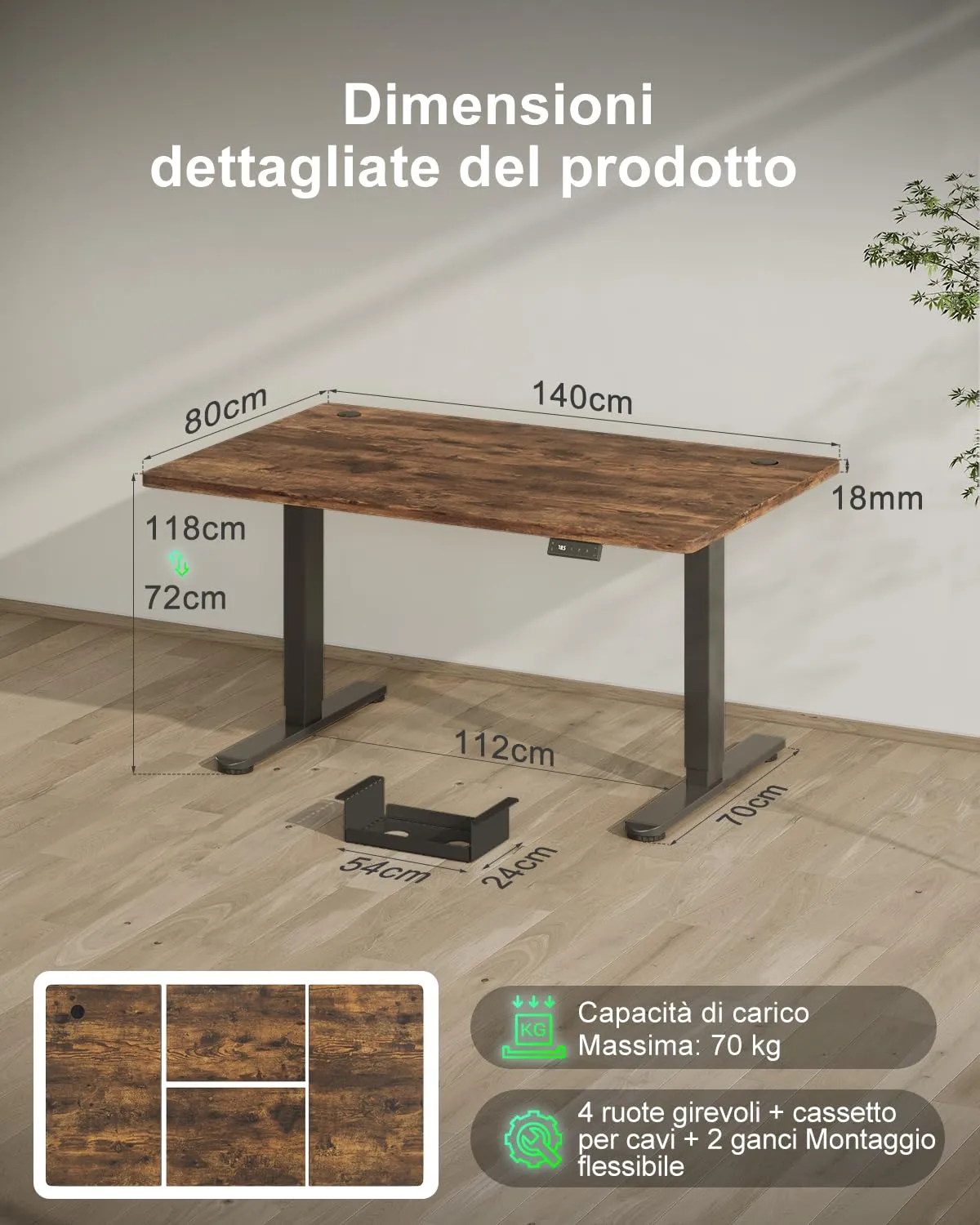 Devoko Scrivania Regolabile in Altezza 140x80 cm Marrone con Ruote - immagine 2