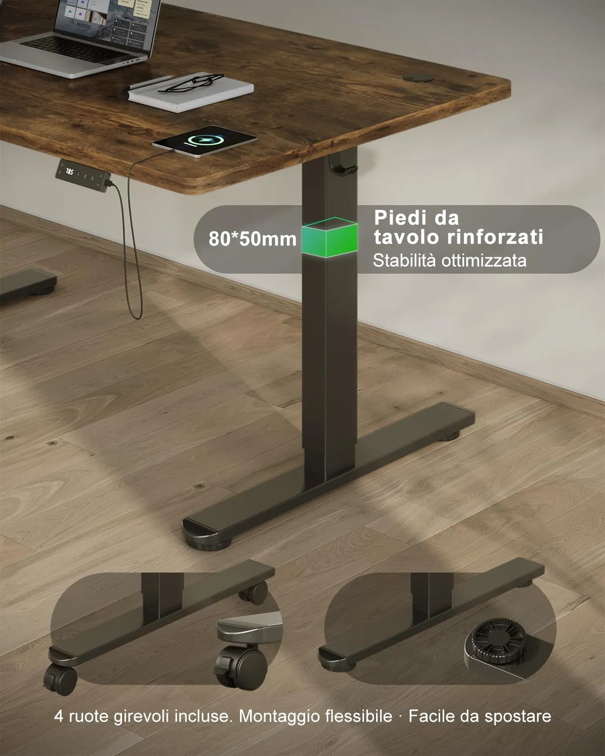Devoko Scrivania Regolabile in Altezza 140x80 cm Marrone con Ruote - immagine 8