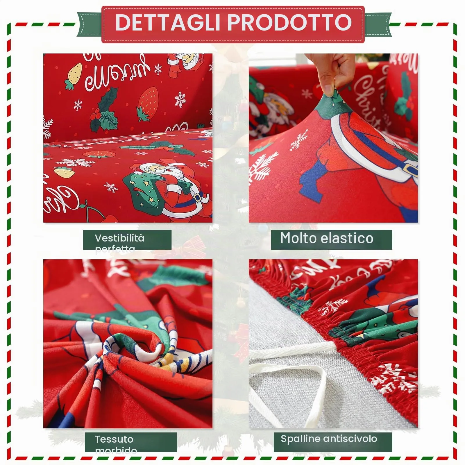 Jaotto Copridivano Elasticizzato 2 Posti, Fodera Antiscivolo Antimacchia con Braccioli, Natale Ciliegia - immagine 4
