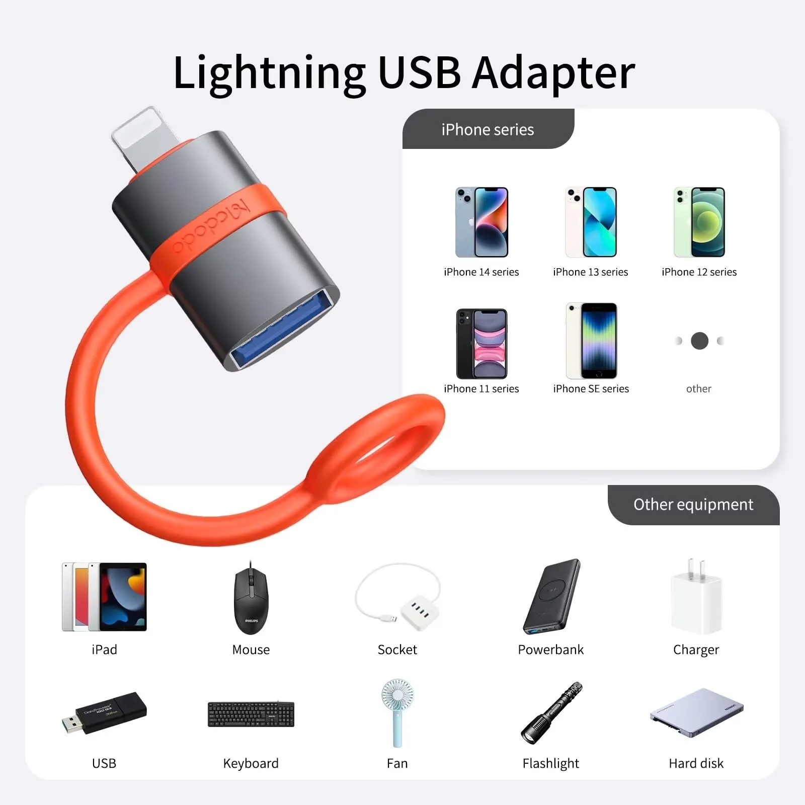 mcdodo Adattatore da USB-A a Lightning, 2 pezzi, Convertitore con Clip Portachiavi per iPhone 14/13/12/11/SE, iPad, iPod - immagine 2