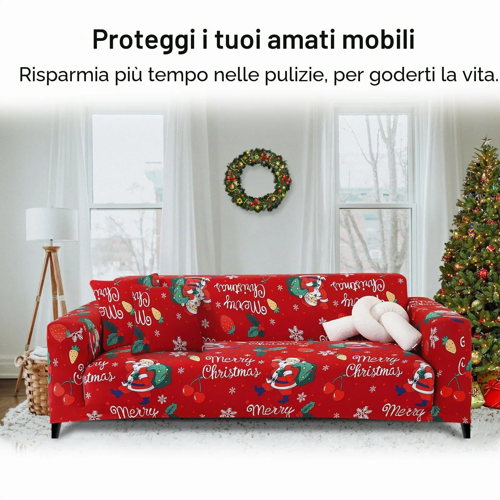 Jaotto Copridivano Elasticizzato 4 Posti, Fantasia Natale Ciliegia, Antiscivolo e Antimacchia - immagine 3