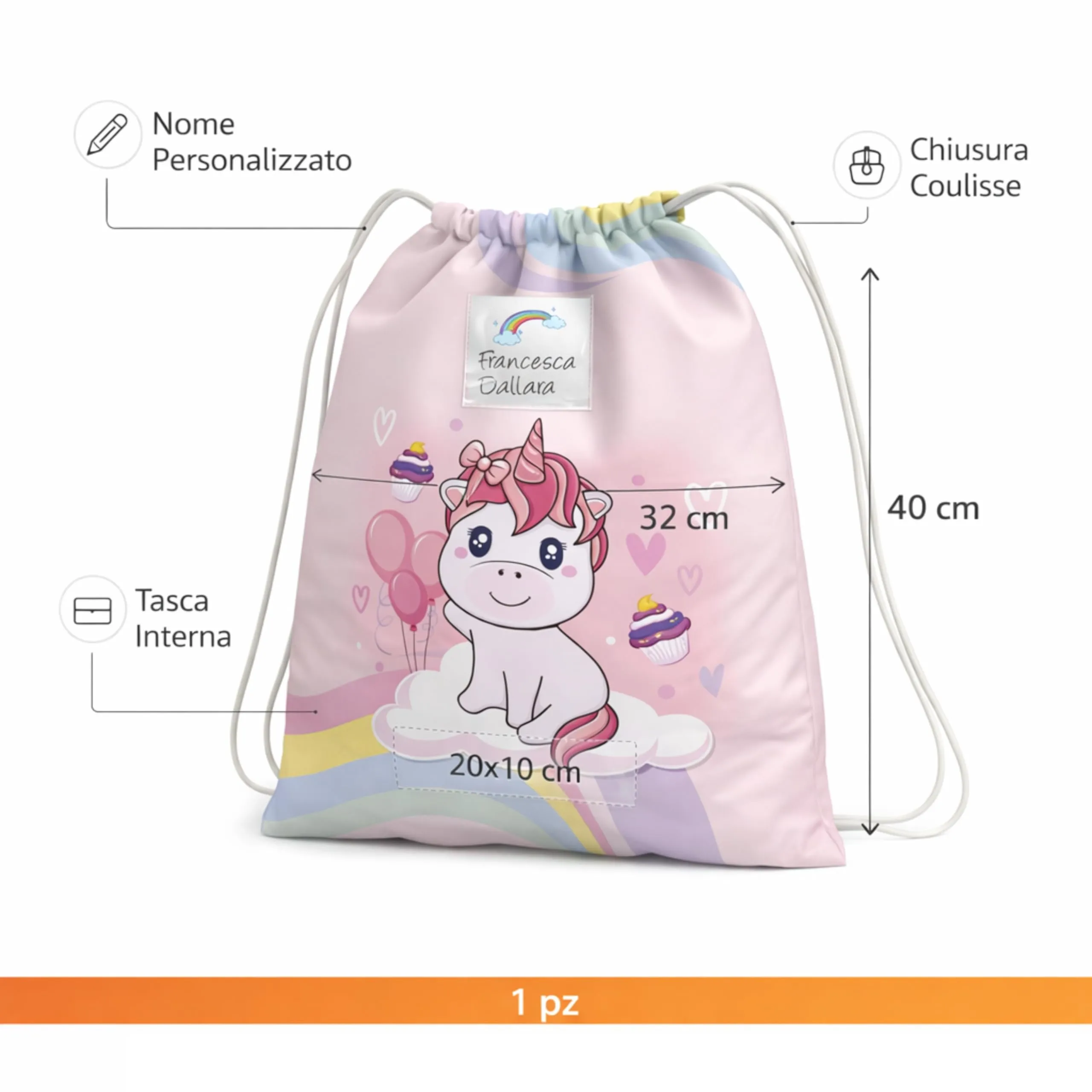 KAÏDENSÏ Sacca Asilo Personalizzata Unicorno, Zainetto Asilo Nido 32x40 cm con Tasca Interna - immagine 2