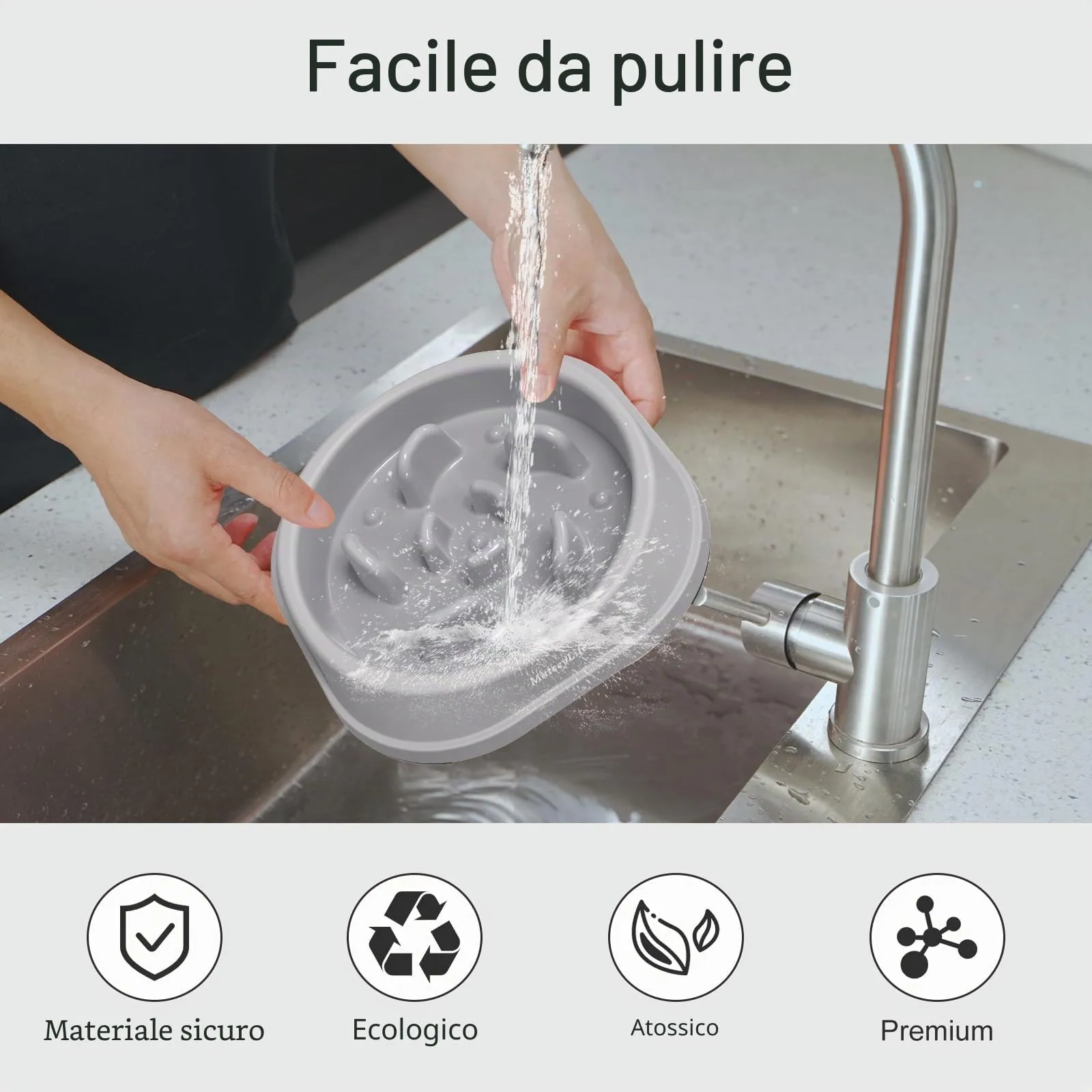 MateeyLife Ciotola Alimentazione Lenta per Gatti e Cani di Piccola Taglia, Antiscivolo, 1 Tazza, Grigio e Nero - immagine 7