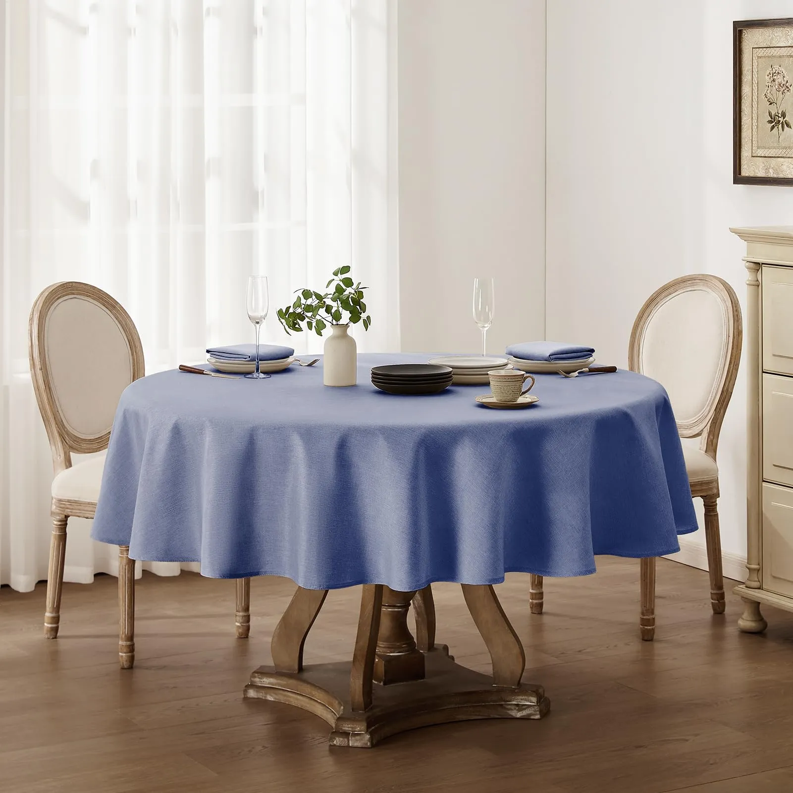 Softalker Tovaglia Rotonda Blu 160 cm in Finto Lino Antimacchia e Idrorepellente - immagine 6