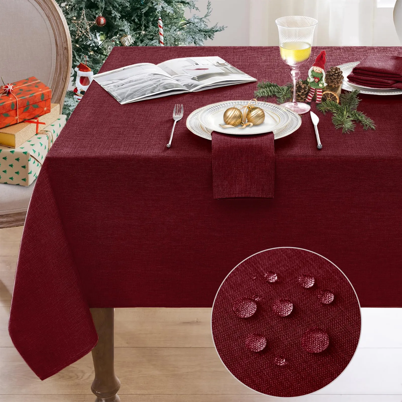 Softalker Tovaglia Natale Rettangolare in Finto Lino, 320x140 cm, Rossa, Antimacchia e Lavabile - immagine 1
