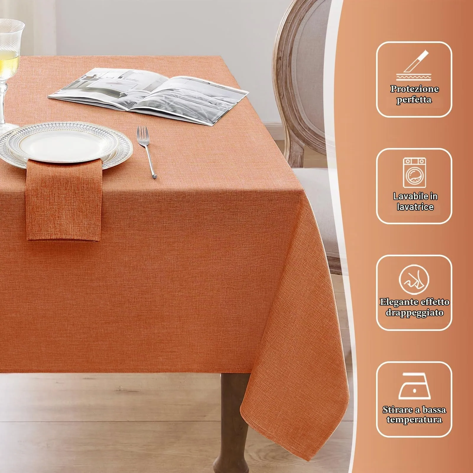 Softalker Tovaglia in Finto Lino Rettangolare Antimacchia e Impermeabile, 240 x 140 cm, Arancione - immagine 5