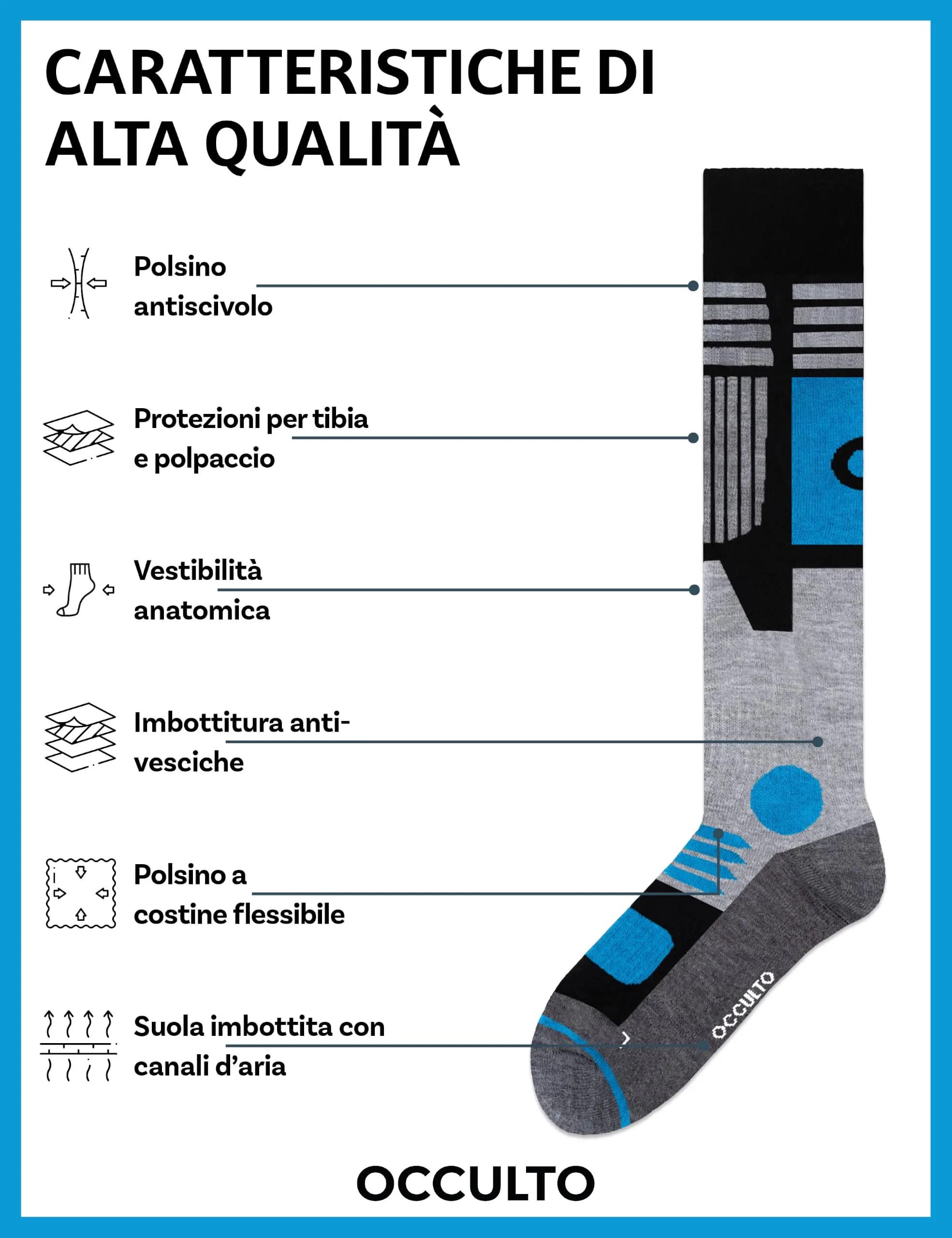 Occulto Calze da Sci Uomo Felix, 4 Paia, Blu Nero, 43-46 - immagine 2