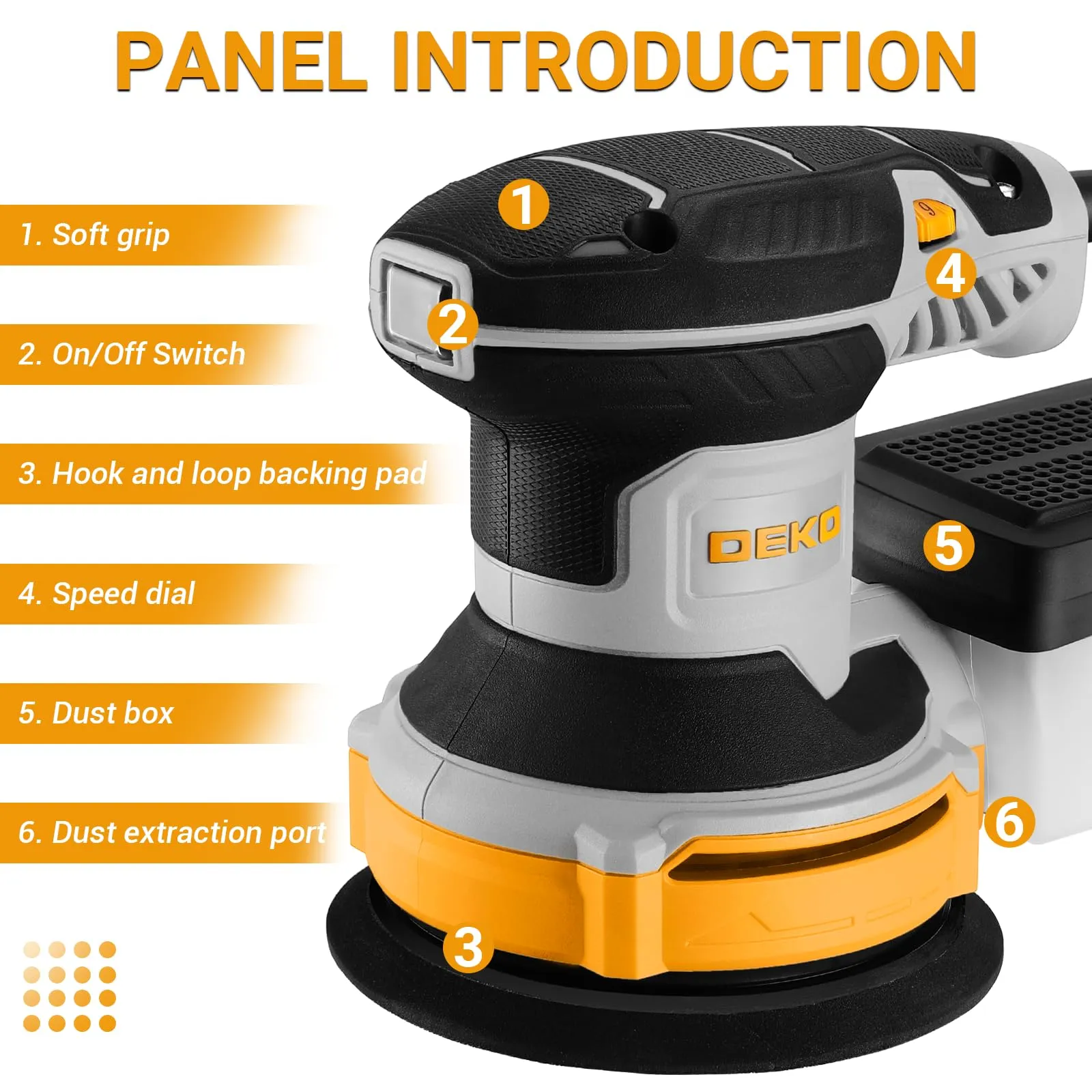 DEKOPRO Levigatrice Orbitale 300W, 6 velocità, 14000RPM, 125mm, DKOS30A125Y - immagine 2