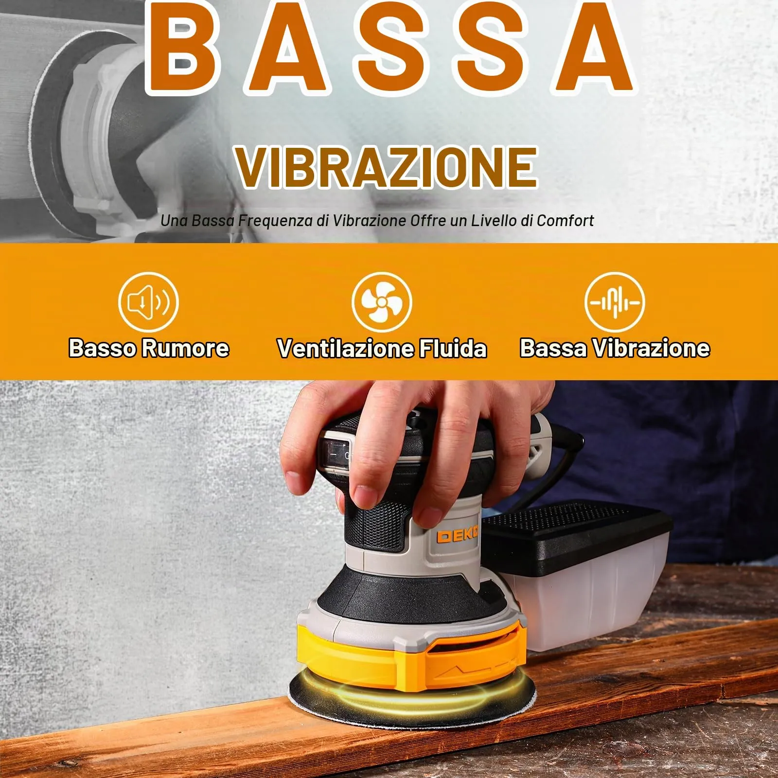 DEKOPRO Levigatrice Orbitale 300W, 6 velocità, 14000RPM, 125mm, DKOS30A125Y - immagine 4