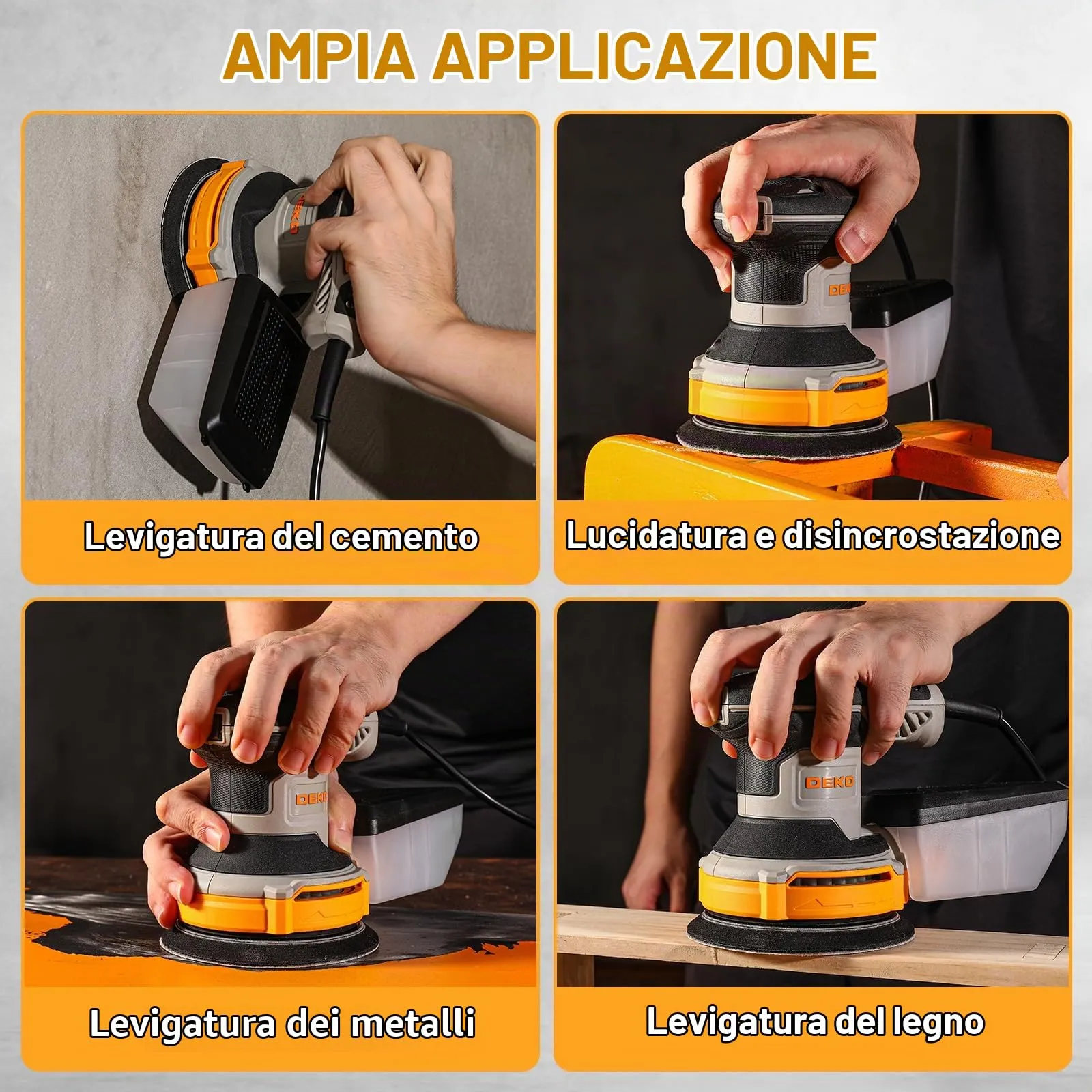 DEKOPRO Levigatrice Orbitale 300W, 6 velocità, 14000RPM, 125mm, DKOS30A125Y - immagine 9