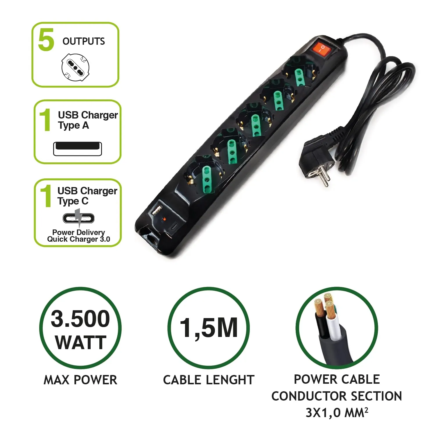 Tecnoware Power Systems Power Cleaner 5 - 5 Uscite Italia/Schuko, 1 USB-A, 1 USB-C PD & QC 3.0, Protezione Bambini, Cavo 1.5m, Nero - immagine 2